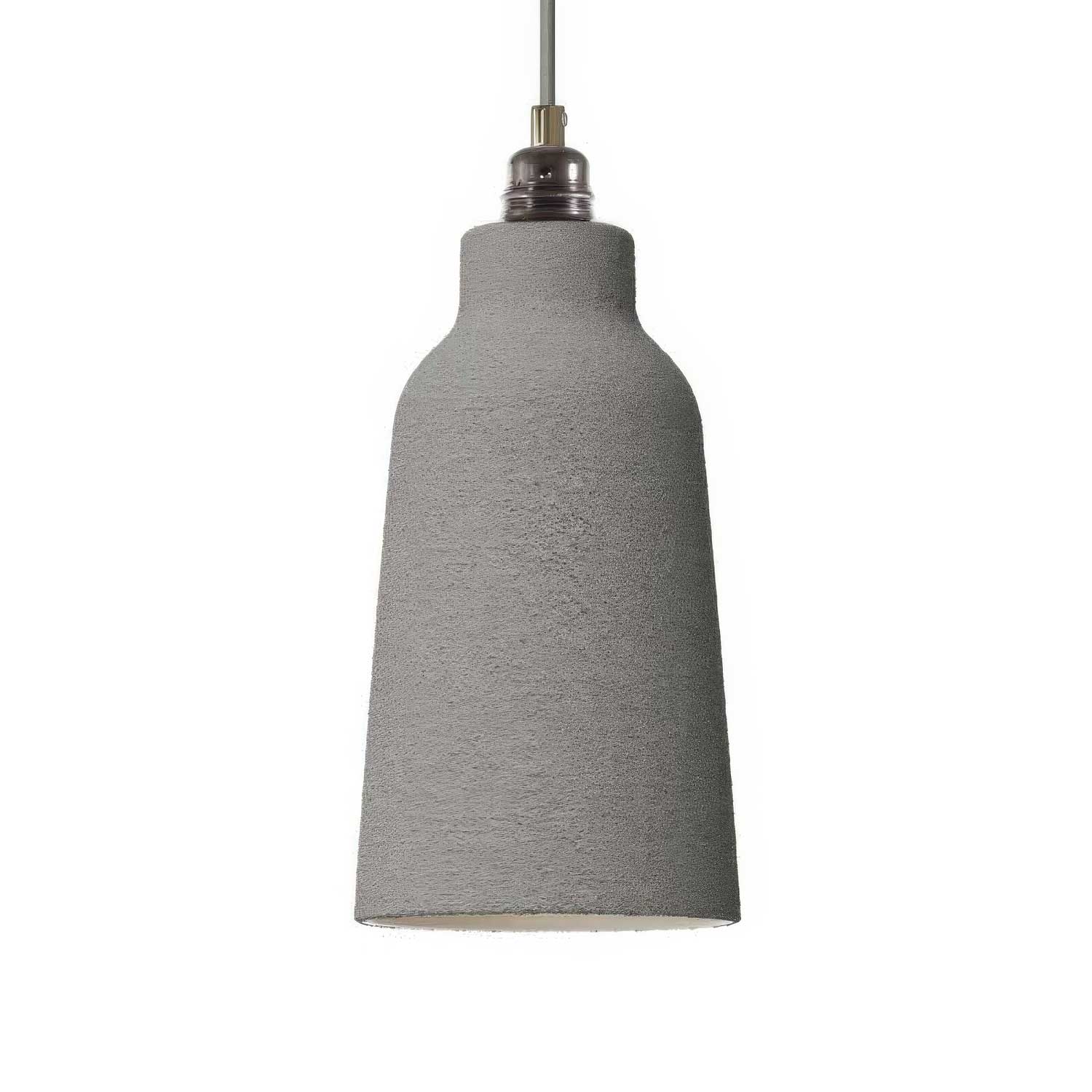 Lampada a sospensione completa di cavo tessile, paralume Bottiglia in ceramica e finiture in metallo - Effetto cemento