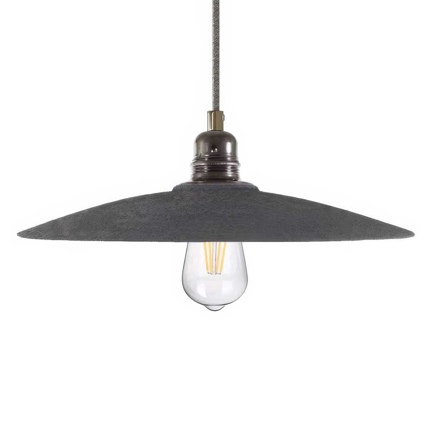 Lampada a sospensione completa di cavo tessile, paralume in ceramica Piatto e finiture in metallo - Effetto cemento