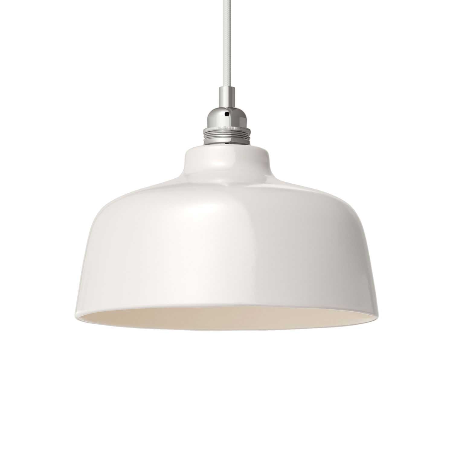 Lampada a sospensione completa di cavo tessile, paralume Coppa in ceramica e finiture in metallo - Bianco lucido