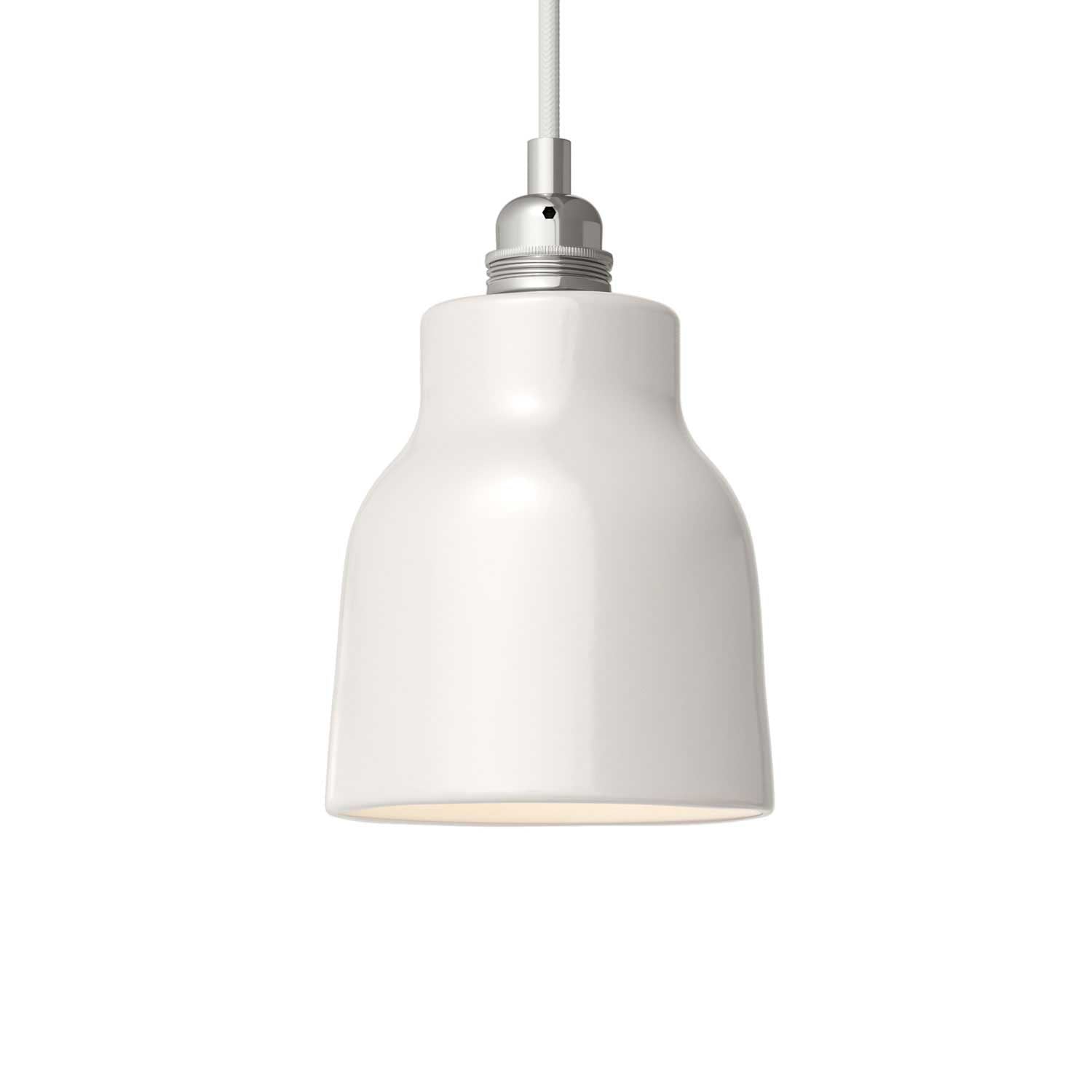 Lampada a sospensione completa di cavo tessile, paralume Vaso in ceramica e finiture in metallo - Bianco lucido