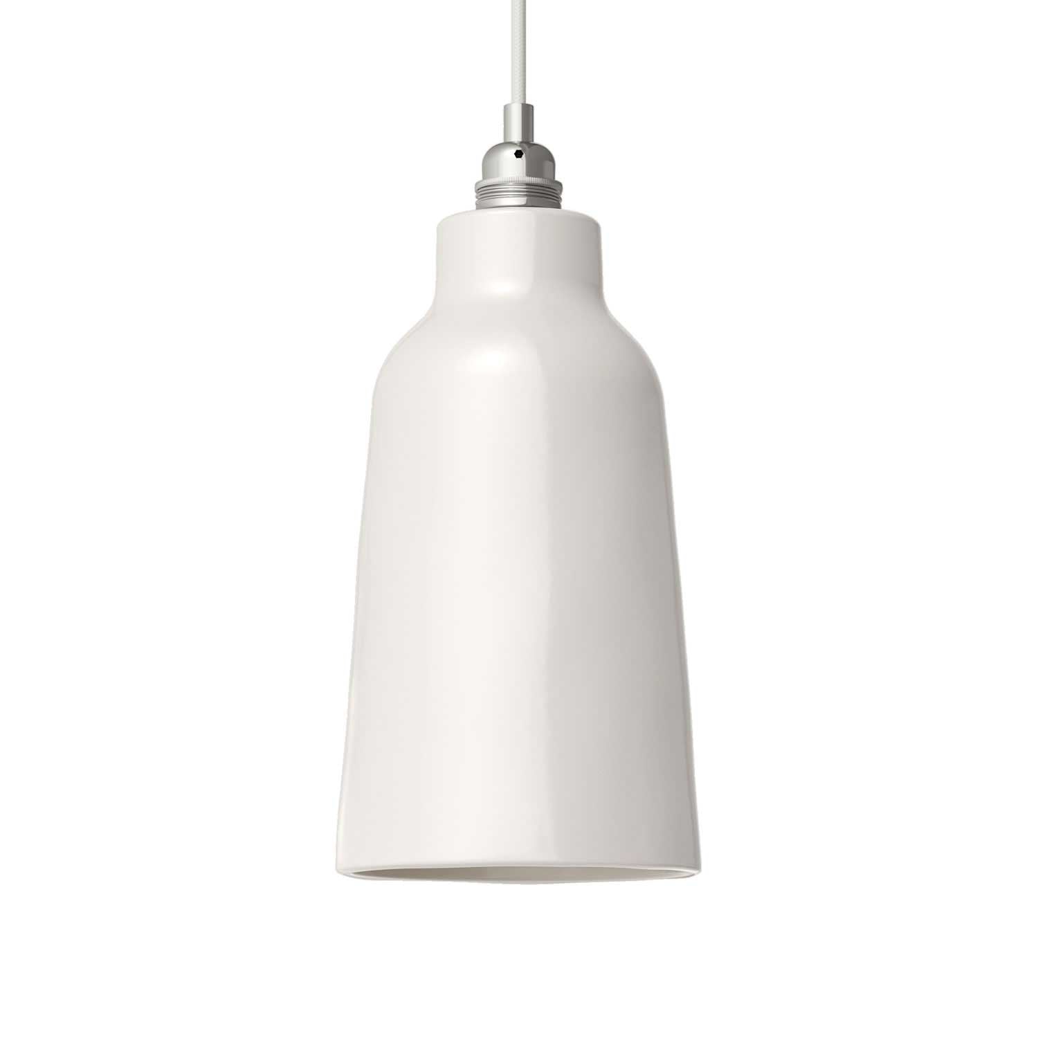Lampada a sospensione completa di cavo tessile, paralume Bottiglia in ceramica e finiture in metallo - Bianco lucido