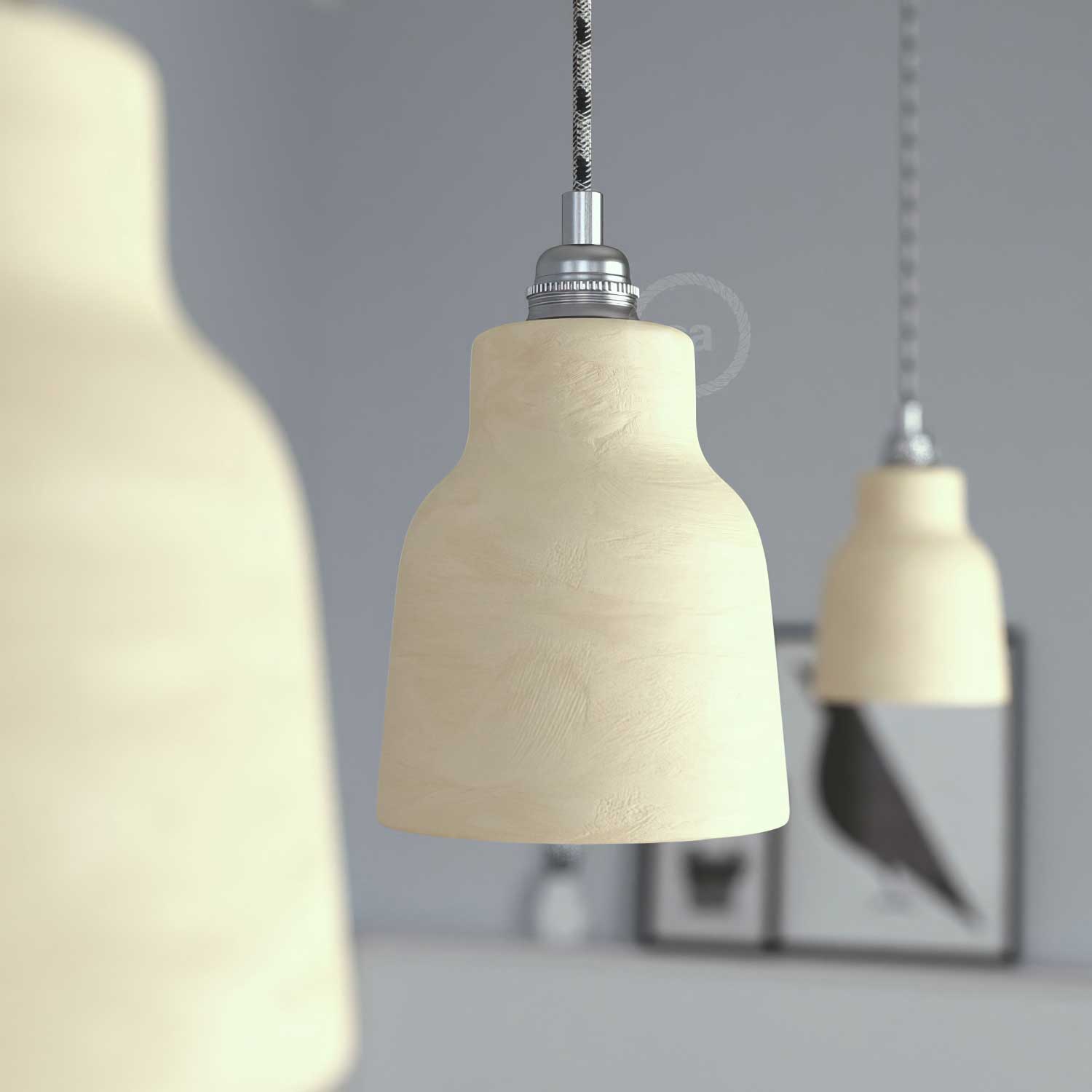Lampada a sospensione completa di cavo tessile, paralume Vaso in ceramica e finiture in metallo - Tortora striato