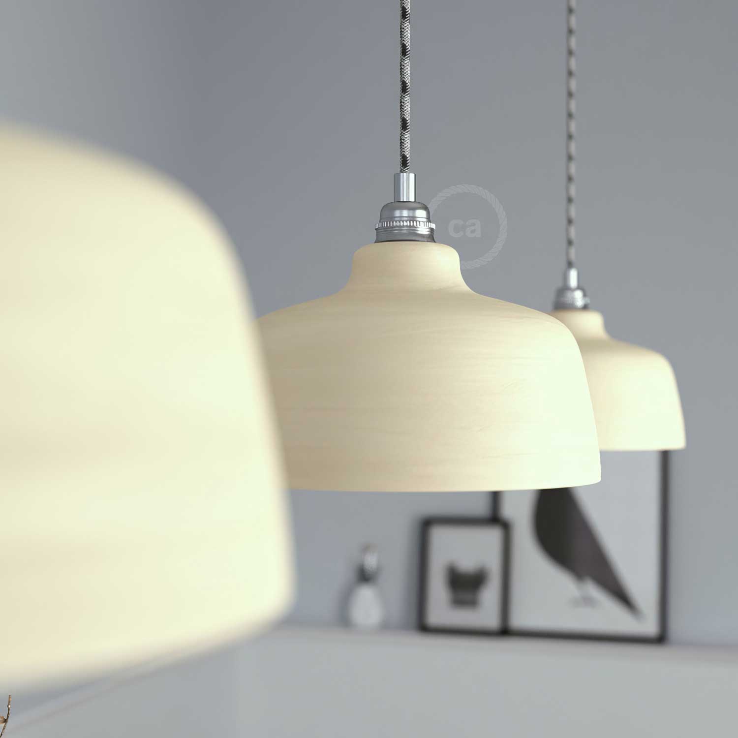 Lampada a sospensione completa di cavo tessile, paralume Coppa in ceramica e finiture in metallo - Tortora striato