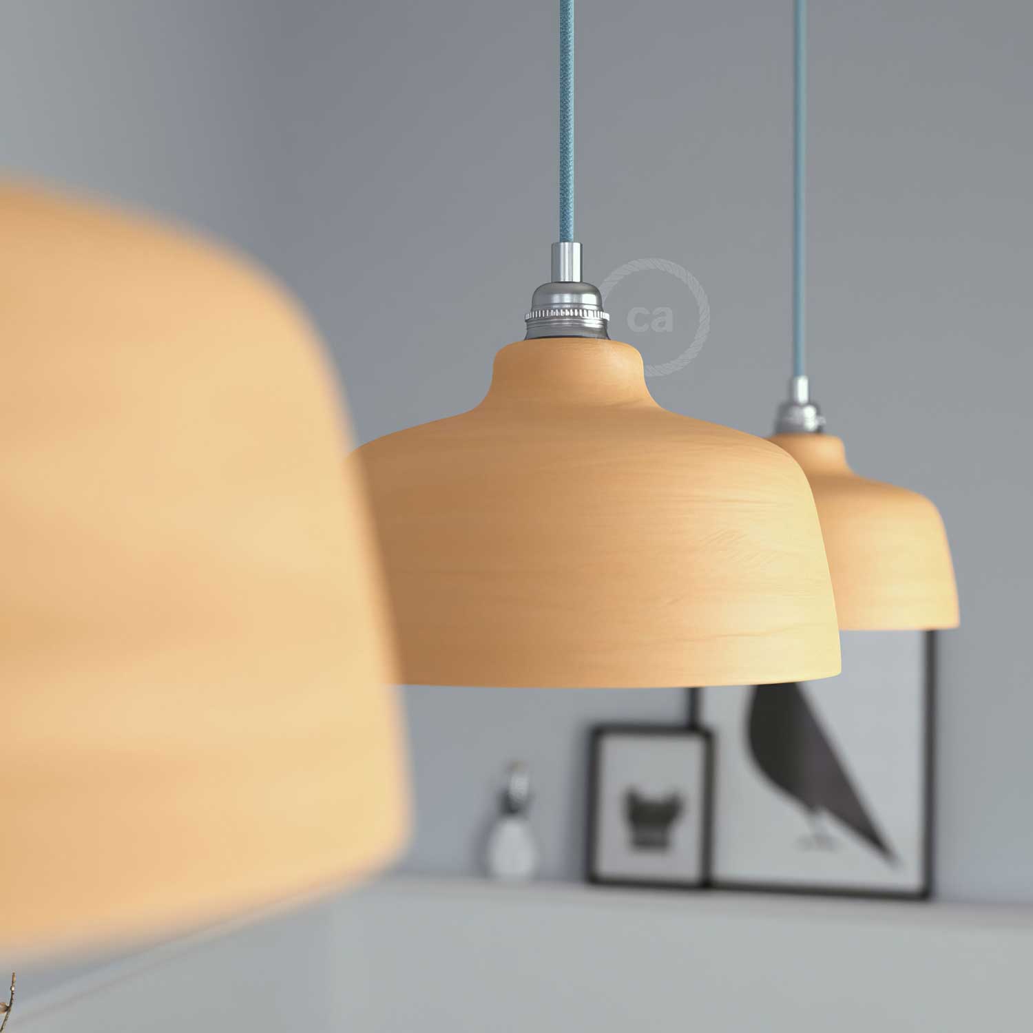 Lampada a sospensione completa di cavo tessile, paralume Coppa in ceramica e finiture in metallo - Terracotta striato