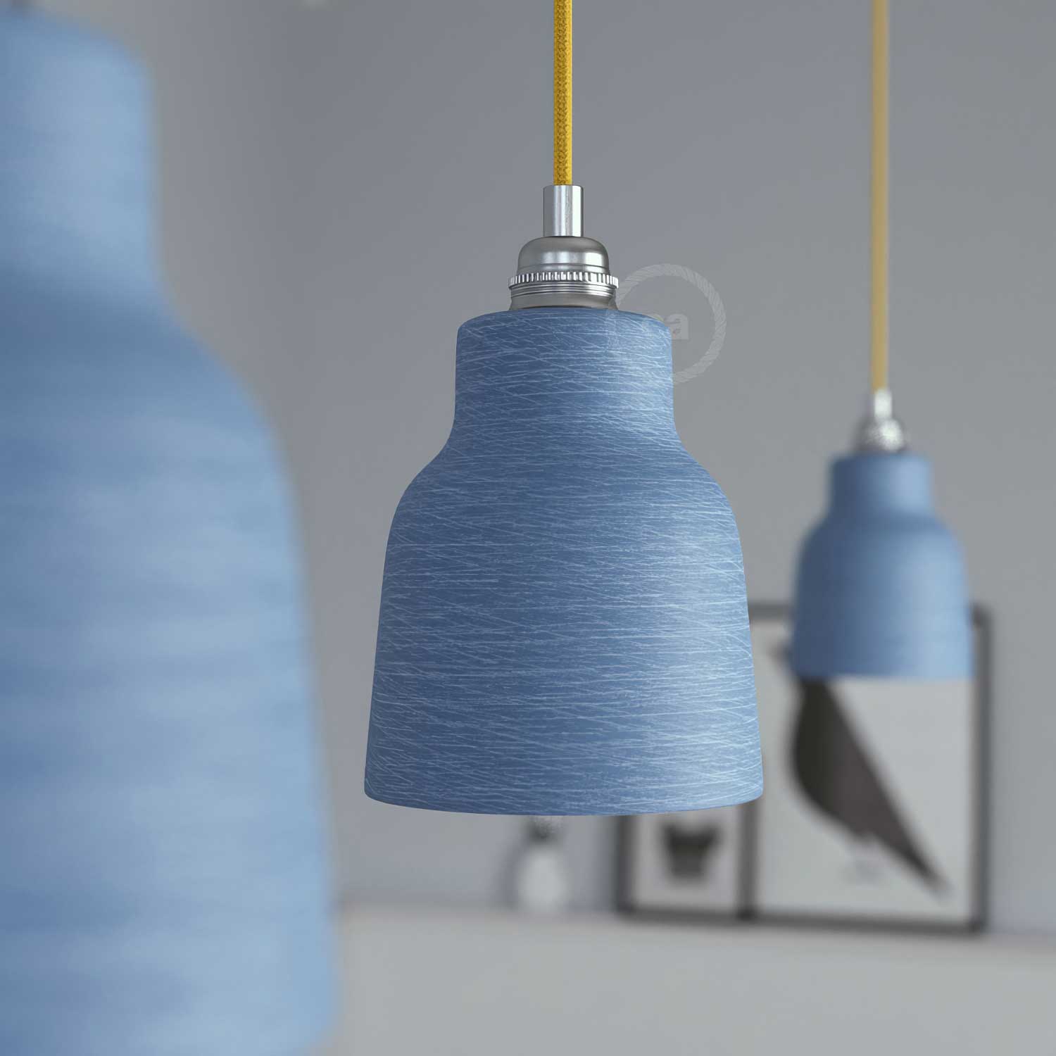 Lampada a sospensione completa di cavo tessile, paralume Vaso in ceramica e finiture in metallo - Avion striato