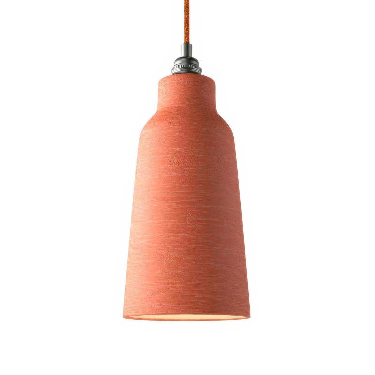Lampada a sospensione completa di cavo tessile, paralume Bottiglia in ceramica e finiture in metallo - Corallo striato