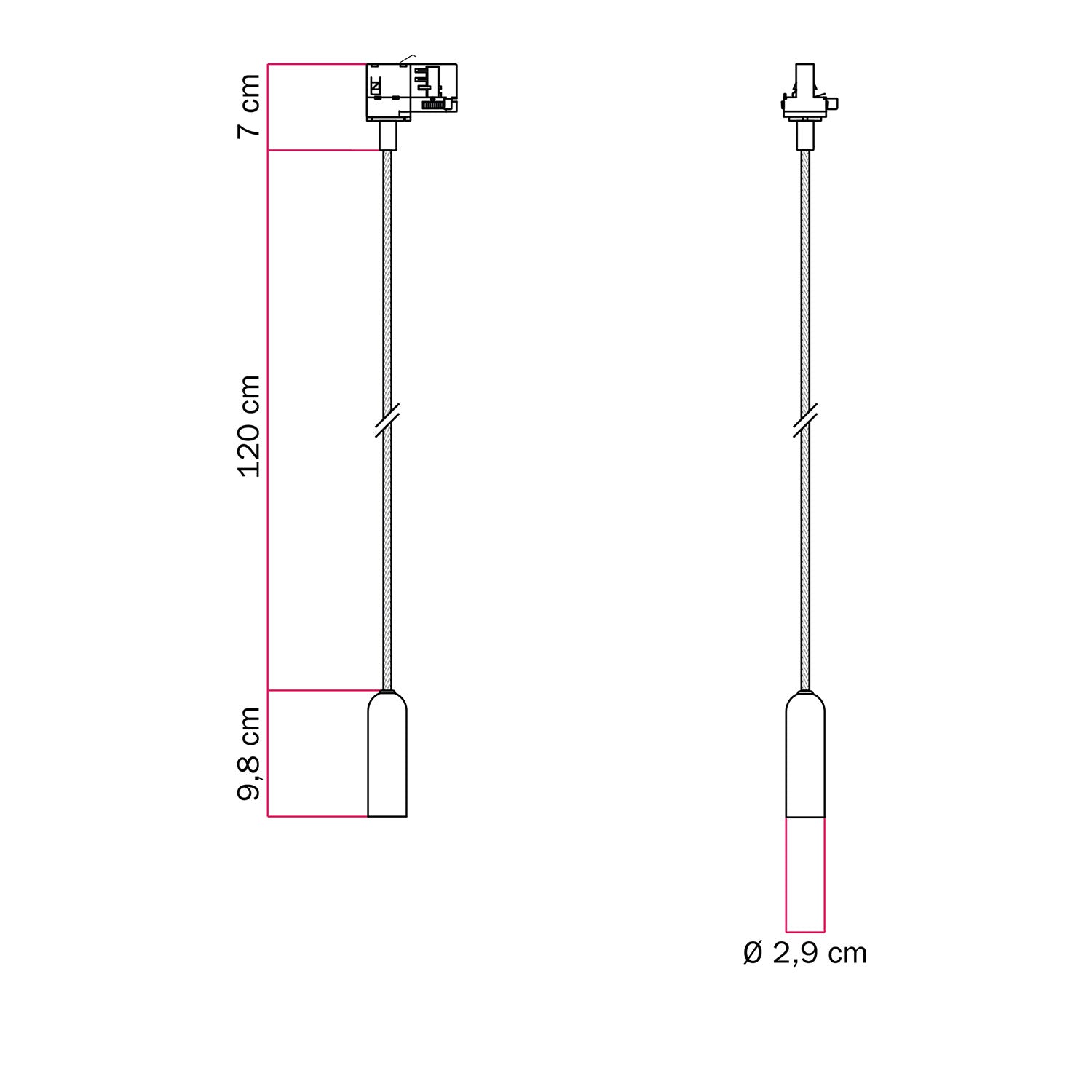 Lampada a sospensione con portalampada E14 P-Light per binari - Nero