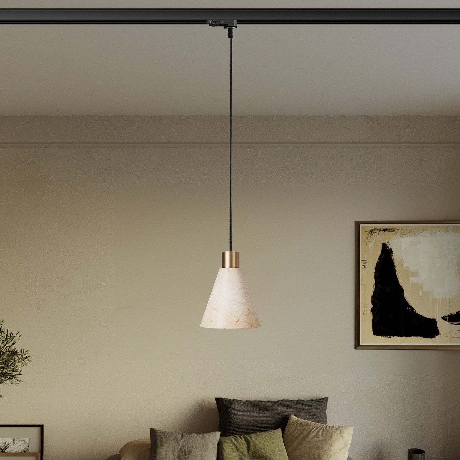Lampada a sospensione per binari con paralume conico in legno - Bronzo satinato