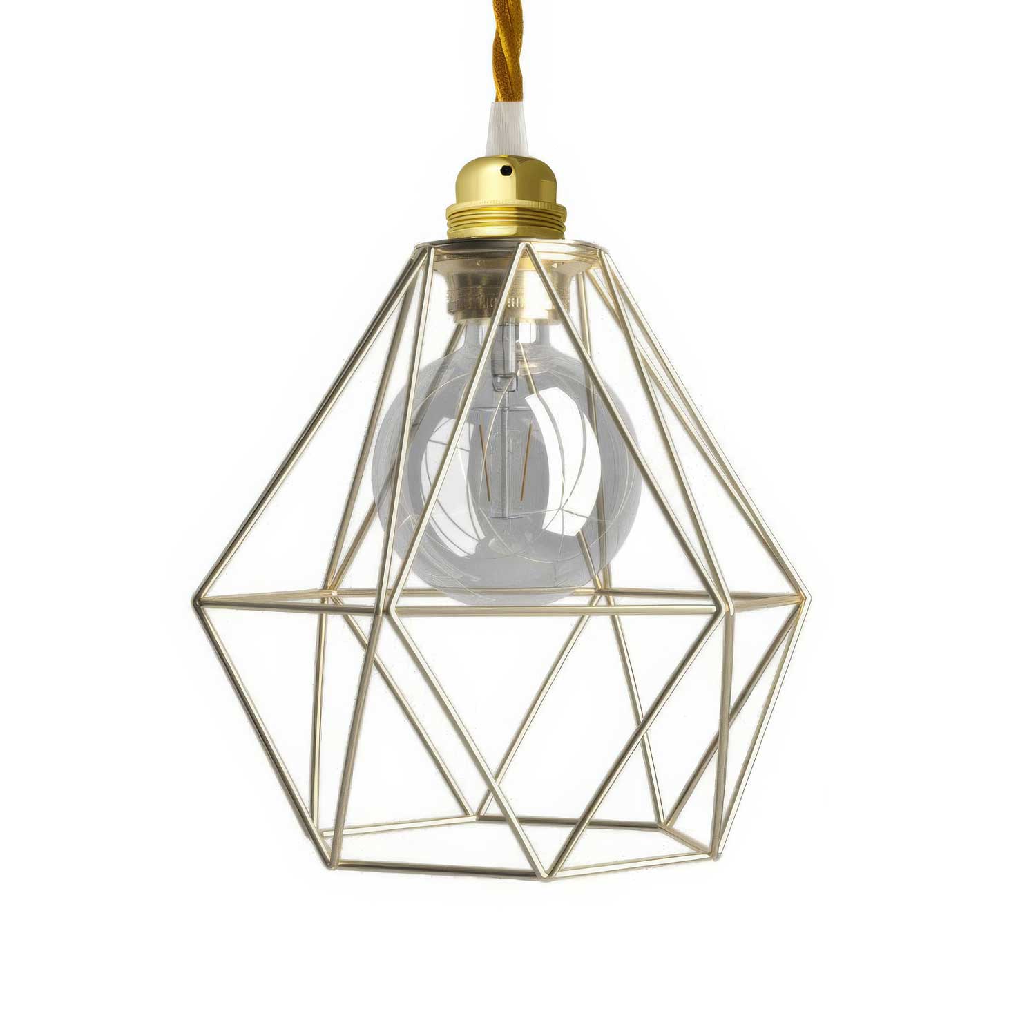 Lampada a sospensione completa di cavo tessile, paralume gabbia Diamond e finiture in metallo - Ottone