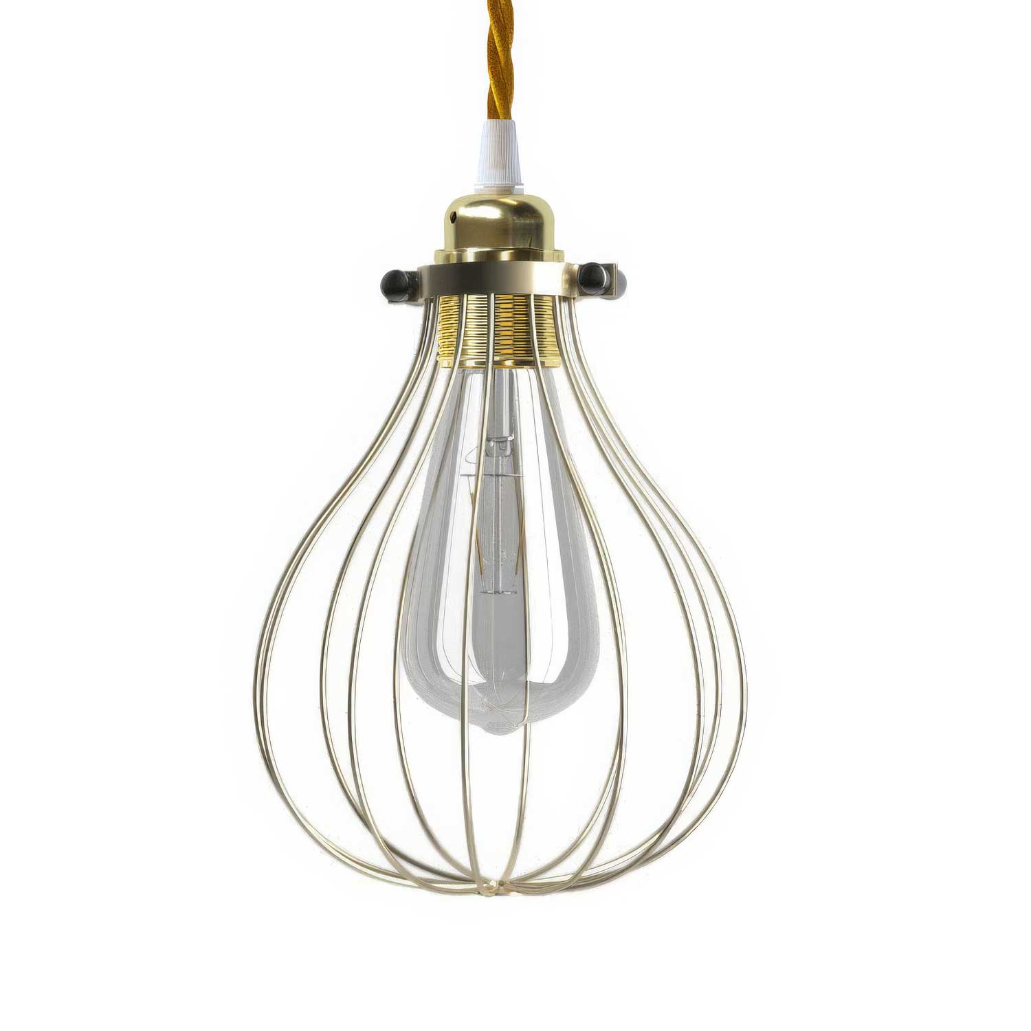 Lampada a sospensione completa di cavo tessile, paralume gabbia Drop e finiture in metallo - Ottone