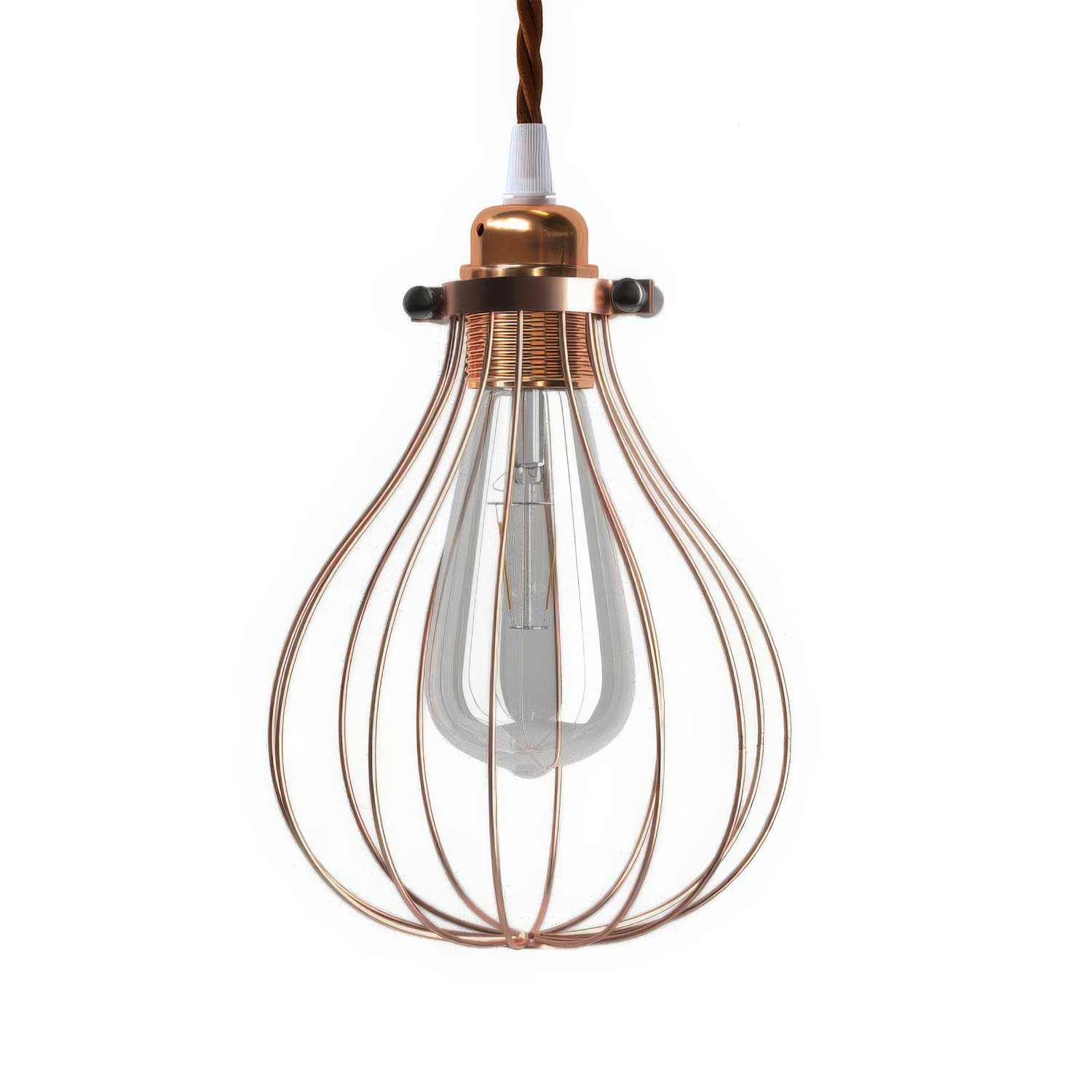Lampada a sospensione completa di cavo tessile, paralume gabbia Drop e finiture in metallo - Rame