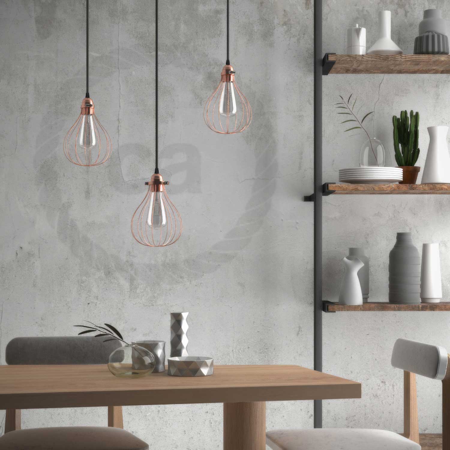 Lampada a sospensione completa di cavo tessile, paralume gabbia Drop e finiture in metallo - Rame