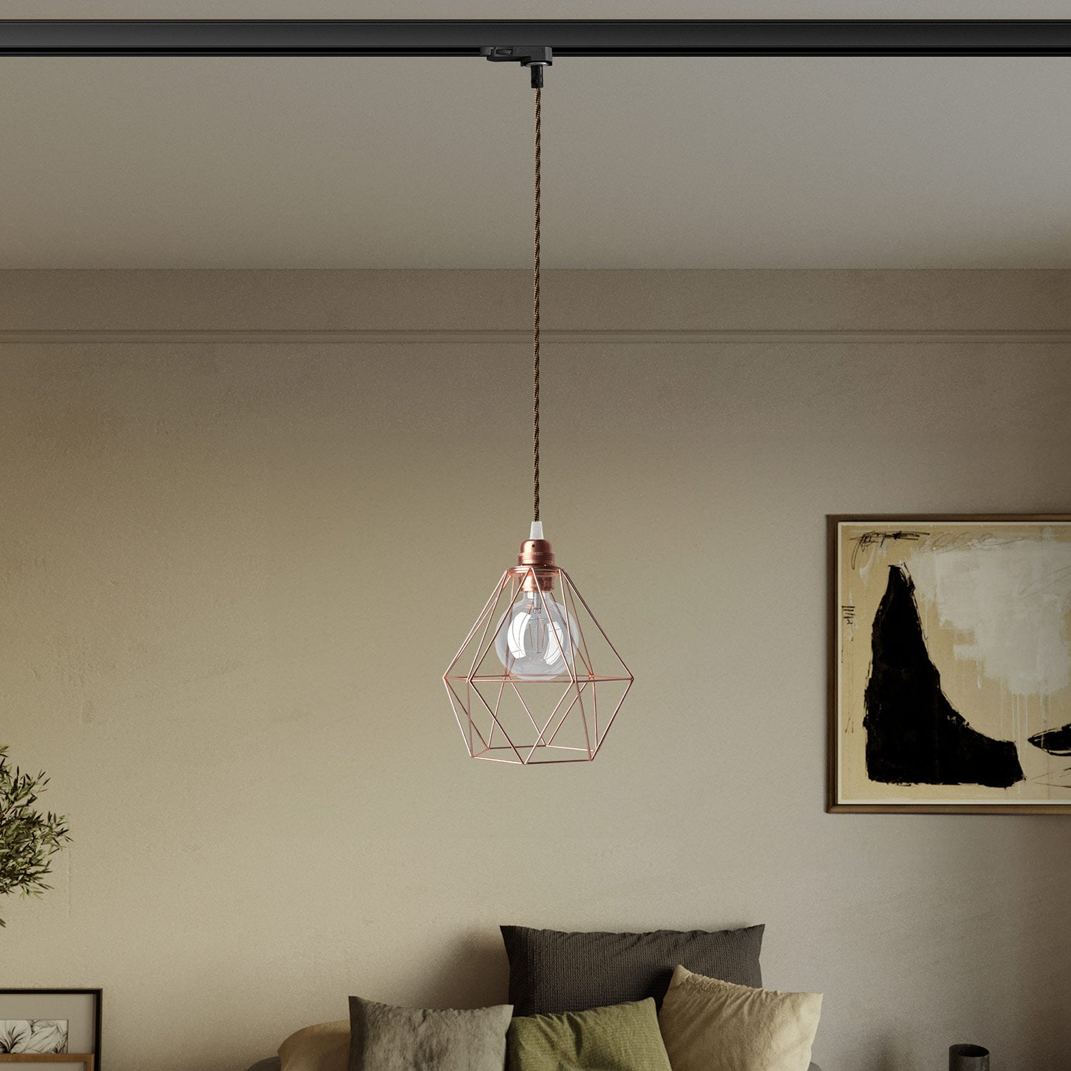 Lampada a sospensione con paralume a gabbia Diamond per binari - Rame