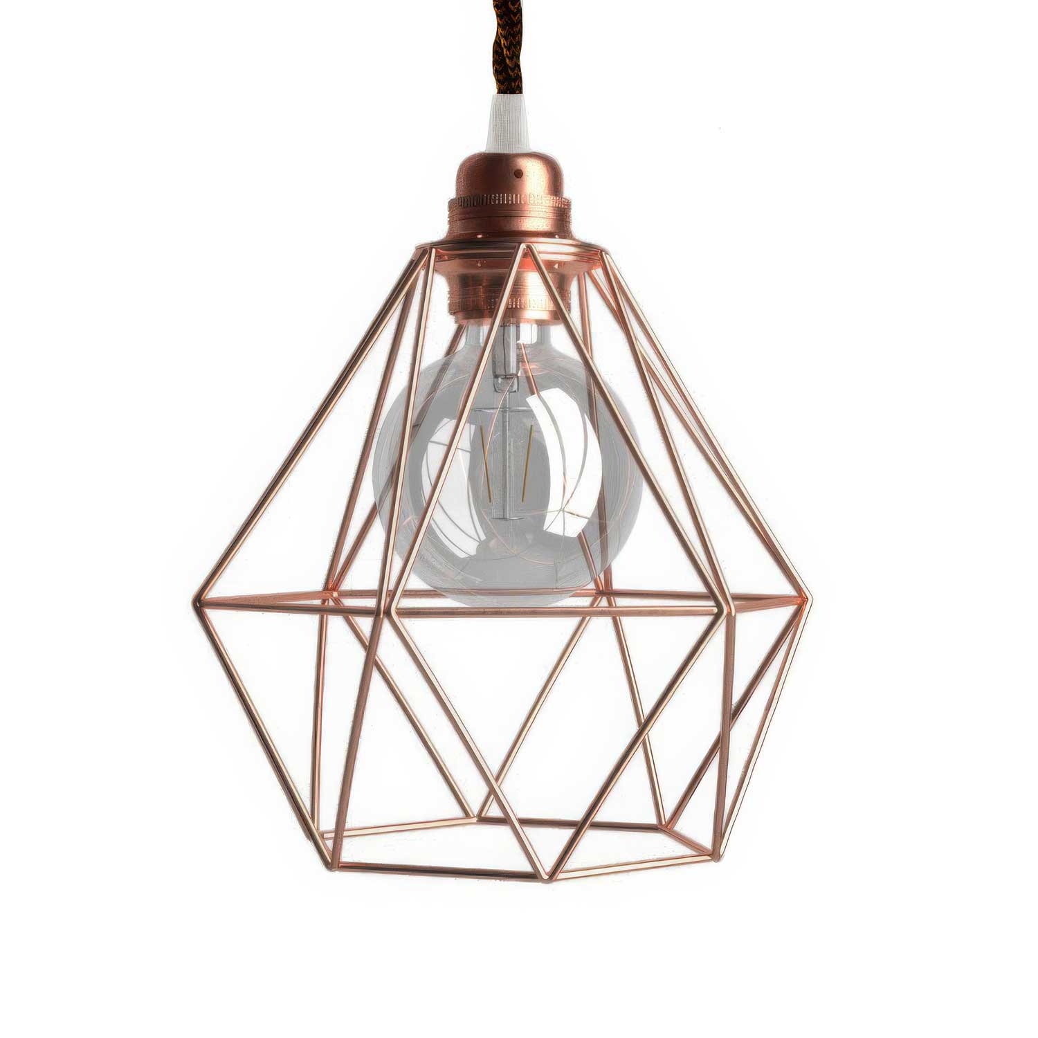 Lampada a sospensione completa di cavo tessile, paralume gabbia Diamond e finiture in metallo - Rame