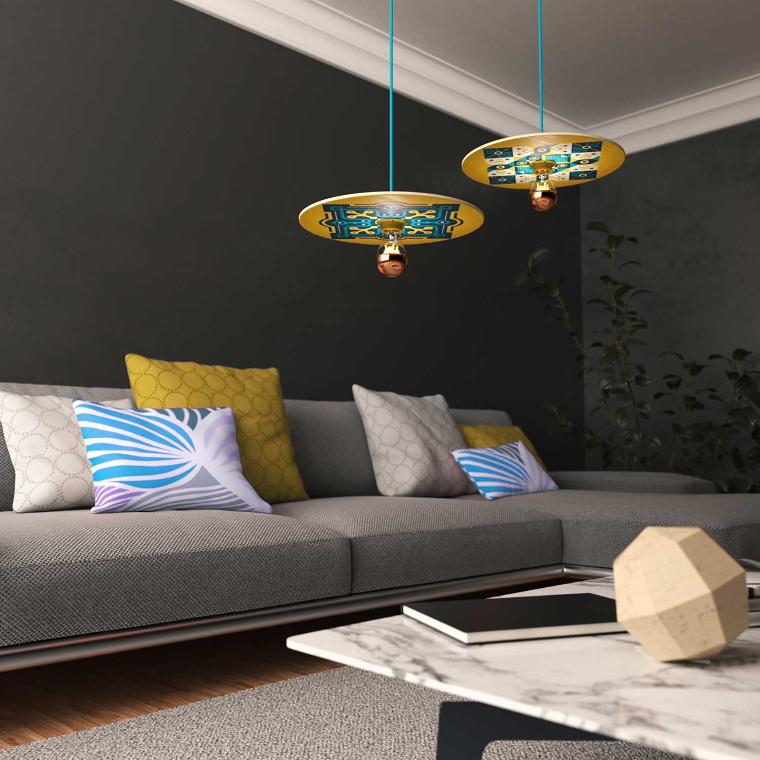 Lampada a sospensione completa di cavo tessile, paralume in legno UFO double-face e finiture in metallo - ODD