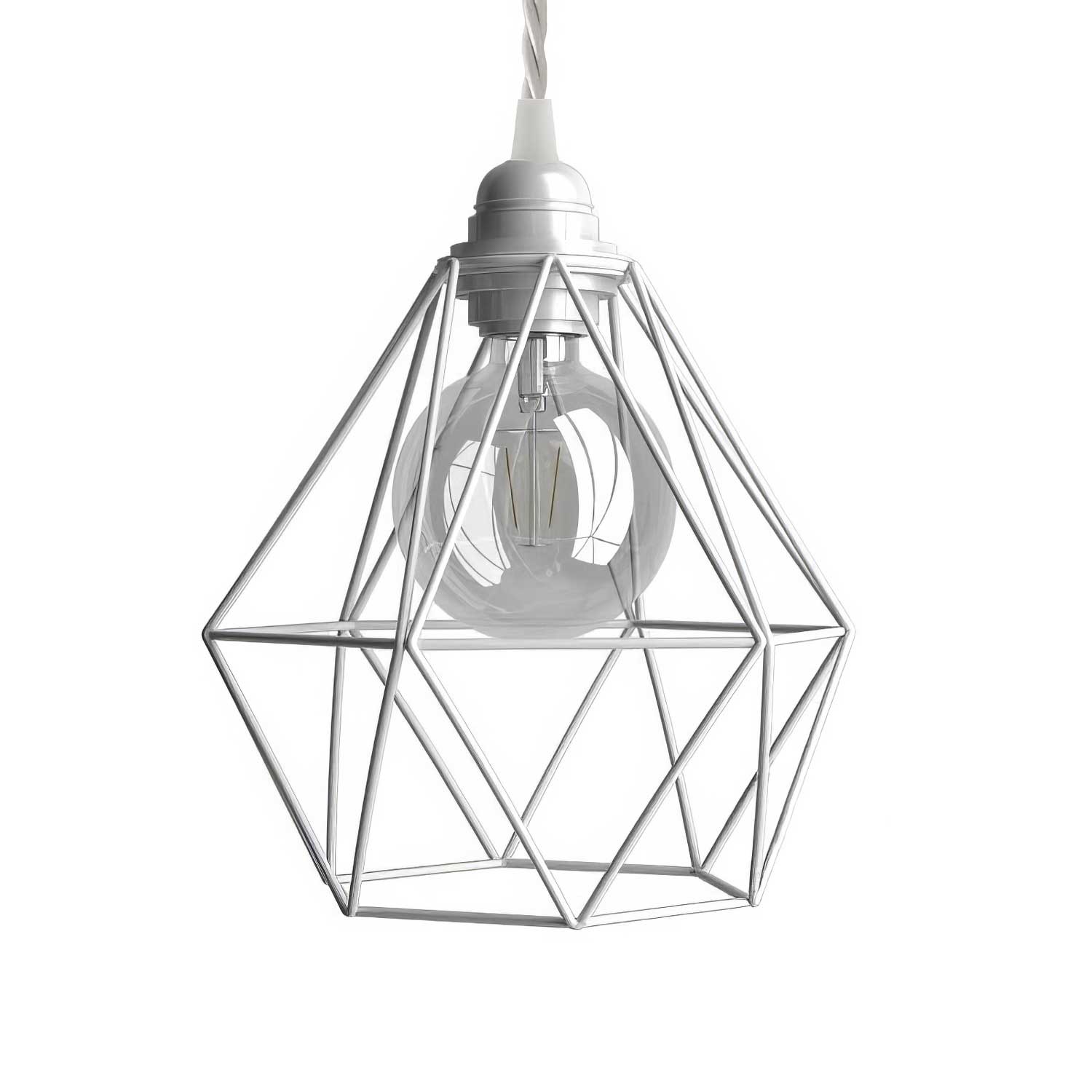 Lampada a sospensione completa di cavo tessile, paralume gabbia Diamond e finiture in metallo - Bianco