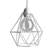 Lampada a sospensione completa di cavo tessile, paralume gabbia Diamond e finiture in metallo - Bianco
