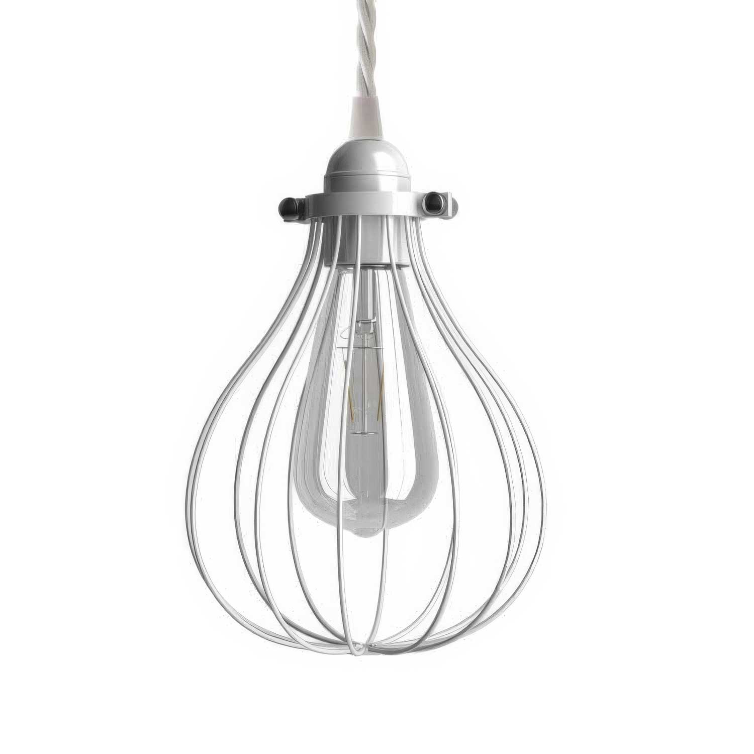 Lampada a sospensione completa di cavo tessile, paralume gabbia Drop e finiture in metallo - Bianco