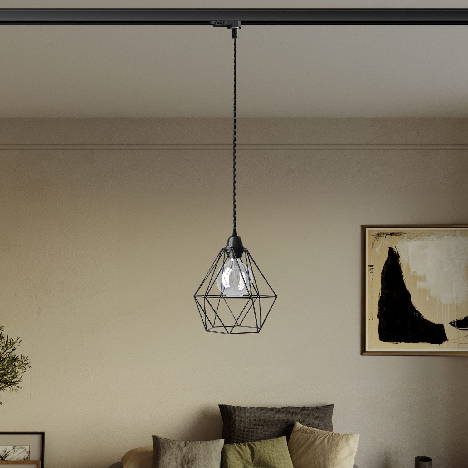 Lampada a sospensione con paralume a gabbia Diamond per binari - Nero
