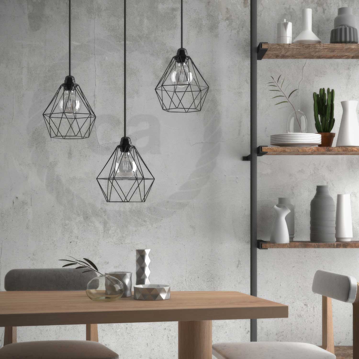 Lampada a sospensione completa di cavo tessile, paralume gabbia Diamond e finiture in metallo - Nero