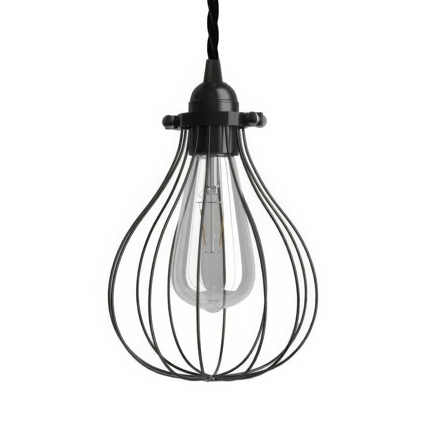 Lampada a sospensione completa di cavo tessile, paralume gabbia Drop e finiture in metallo - Nero