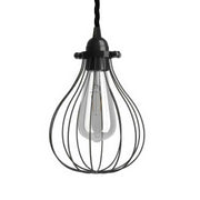 Lampada a sospensione completa di cavo tessile, paralume gabbia Drop e finiture in metallo - Nero
