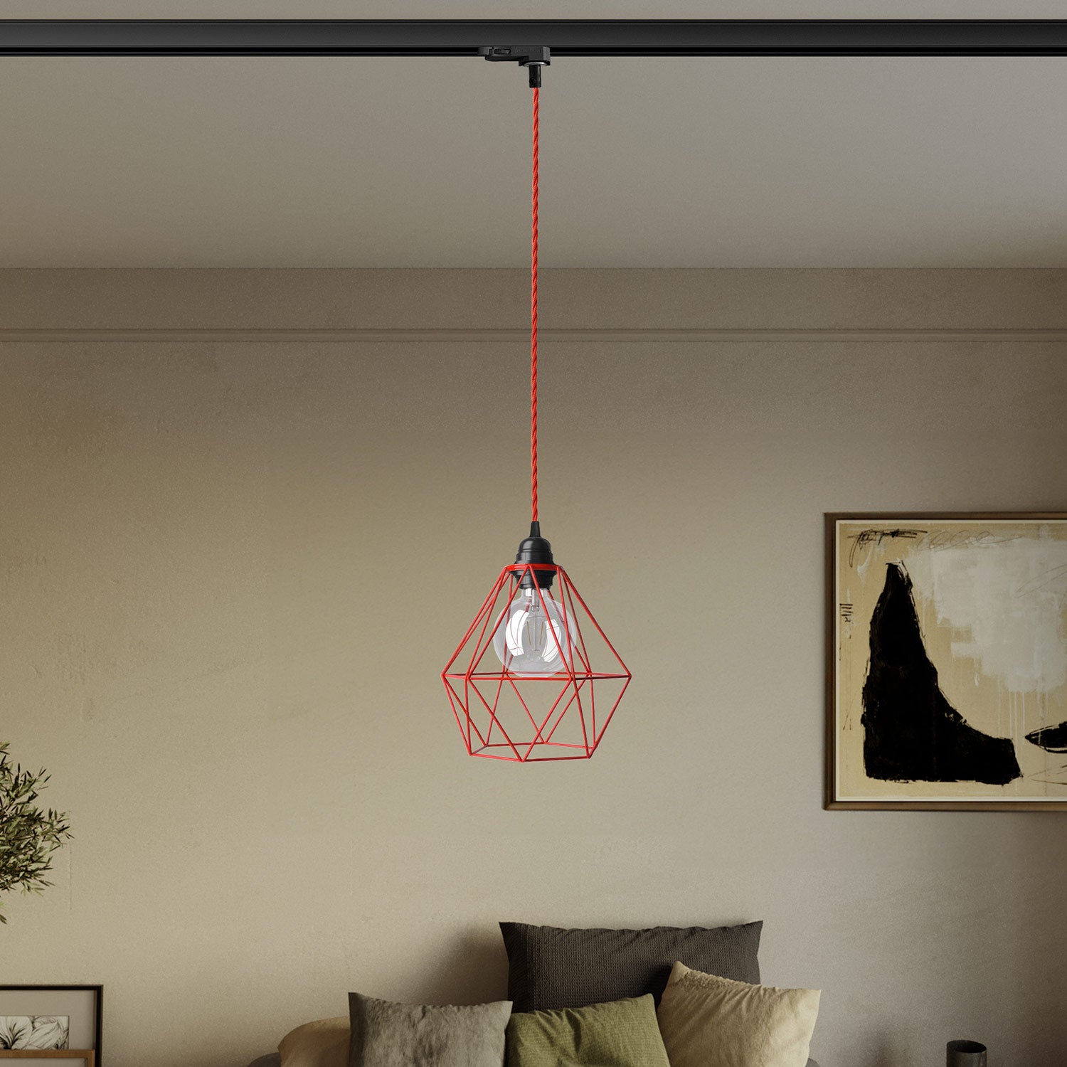 Lampada a sospensione con paralume a gabbia Diamond per binari - Rosso