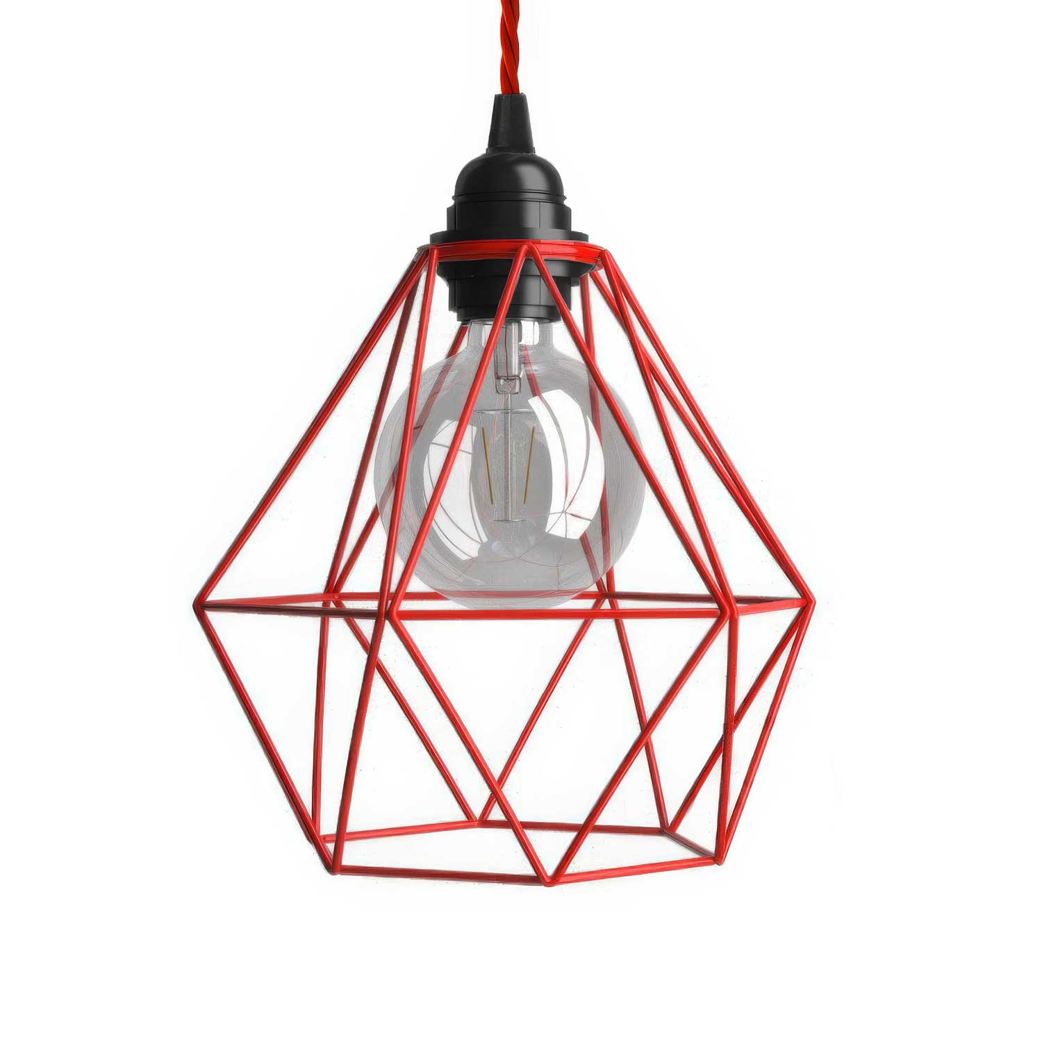 Lampada a sospensione completa di cavo tessile, paralume gabbia Diamond e finiture in metallo - Rosso