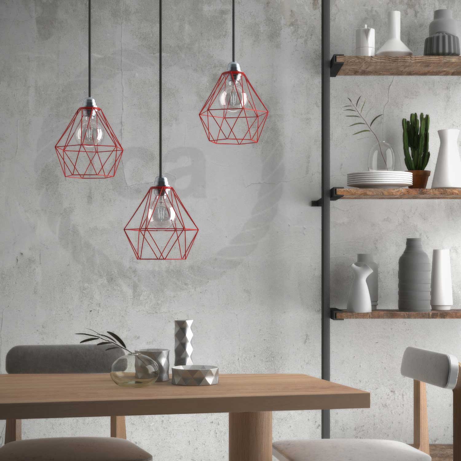 Lampada a sospensione completa di cavo tessile, paralume gabbia Diamond e finiture in metallo - Rosso