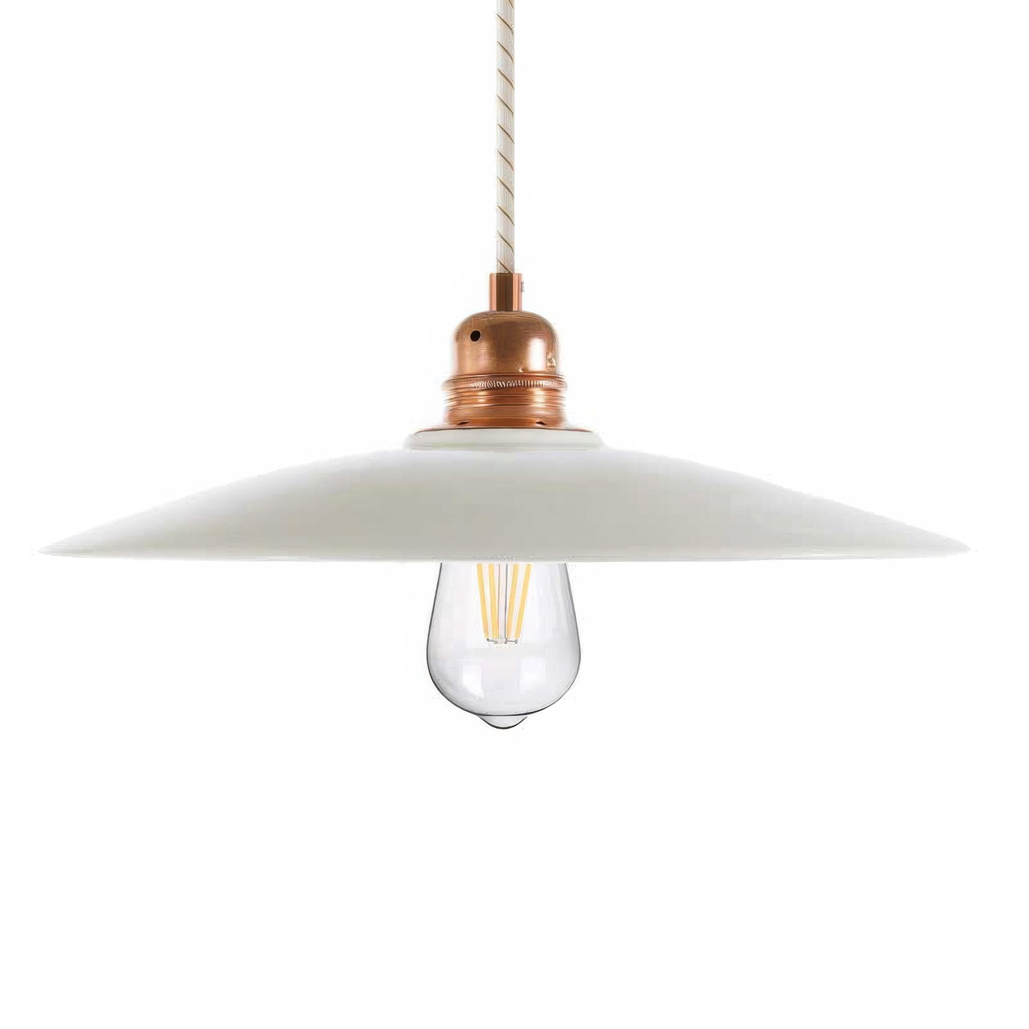 Lampada a sospensione completa di cavo tessile, paralume in ceramica Piatto e finiture in metallo - Bianco lucido