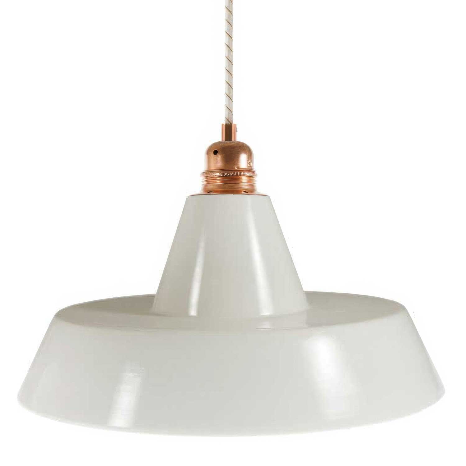 Lampada a sospensione completa di cavo tessile, paralume in ceramica Industriale e finiture in metallo - Bianco lucido