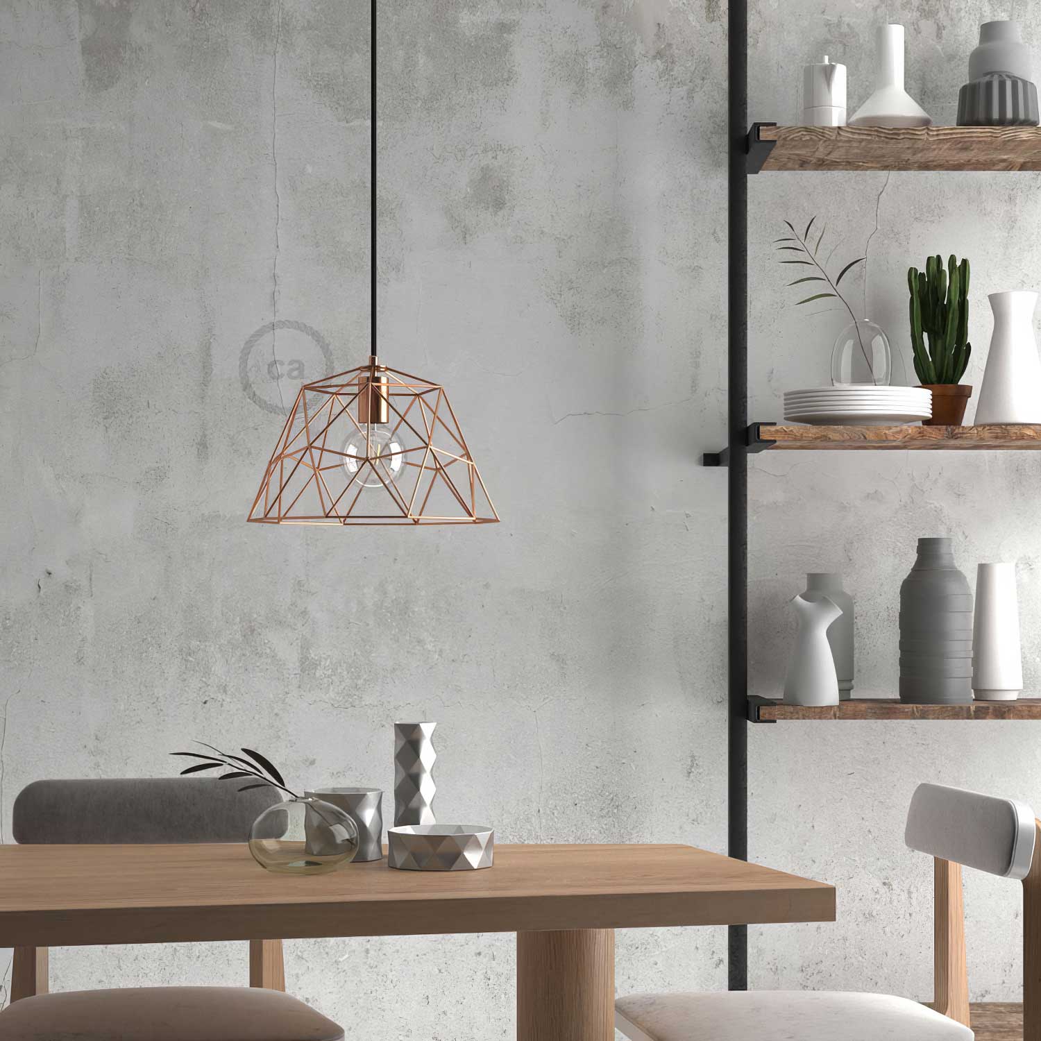 Lampada a sospensione completa di cavo tessile, paralume Dome e finiture in metallo - Rame