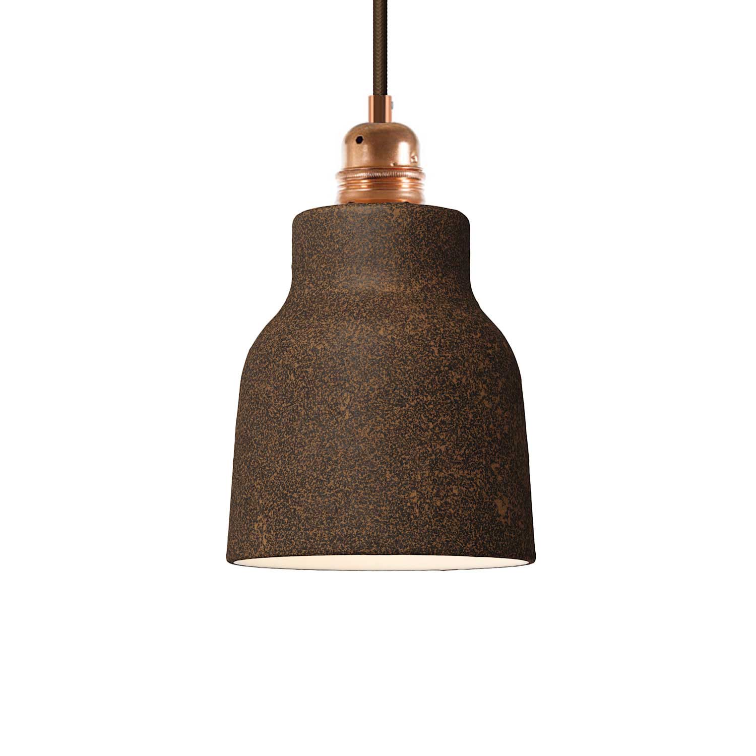Lampada a sospensione completa di cavo tessile, paralume Vaso in ceramica e finiture in metallo - Effetto corten