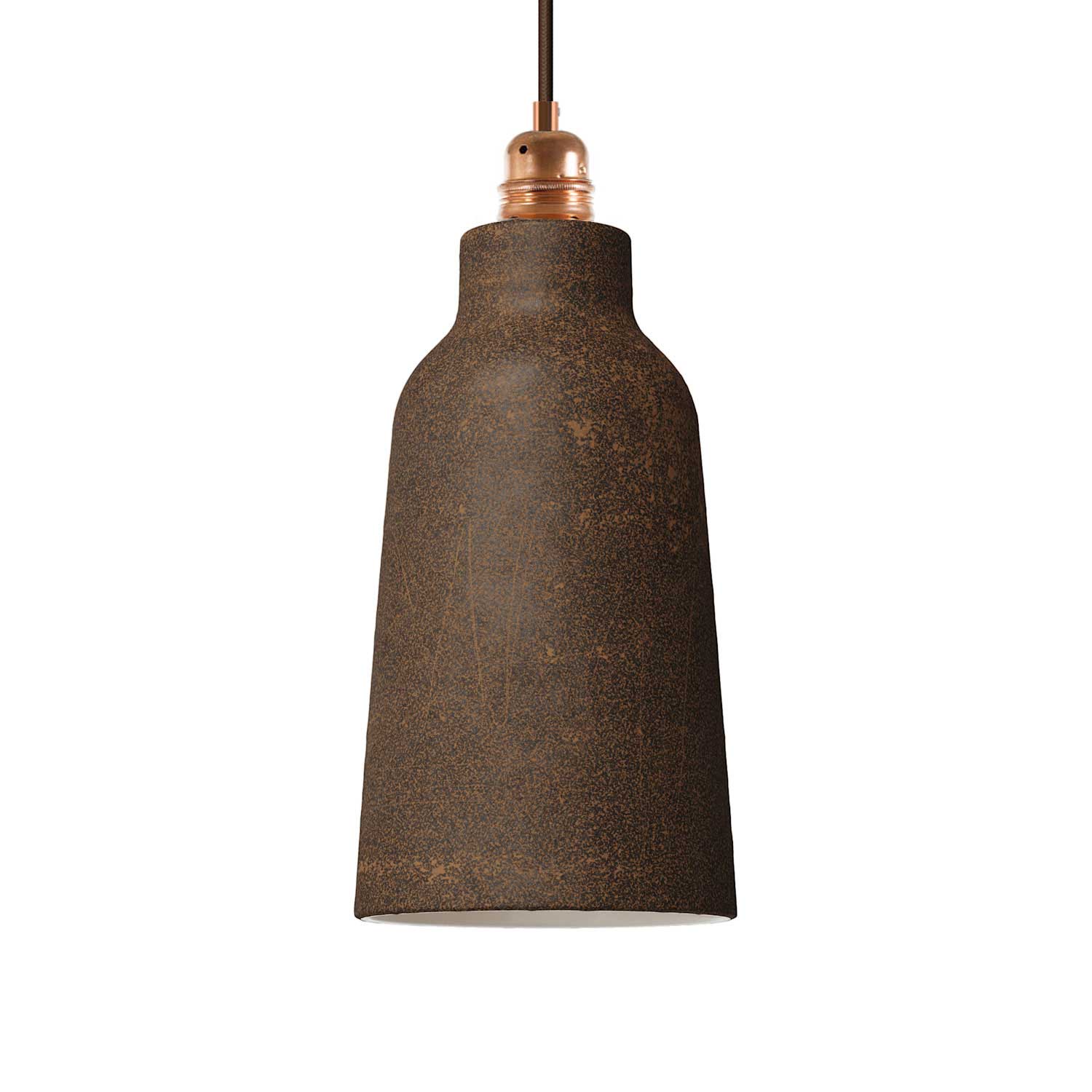Lampada a sospensione completa di cavo tessile, paralume Bottiglia in ceramica e finiture in metallo - Effetto corten
