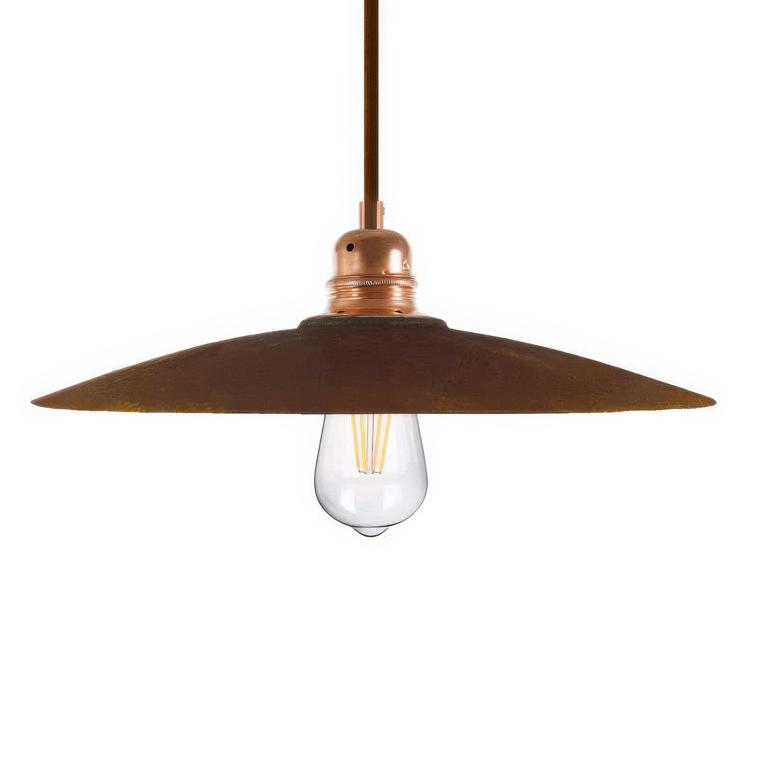 Lampada a sospensione completa di cavo tessile, paralume in ceramica Piatto e finiture in metallo - Effetto corten