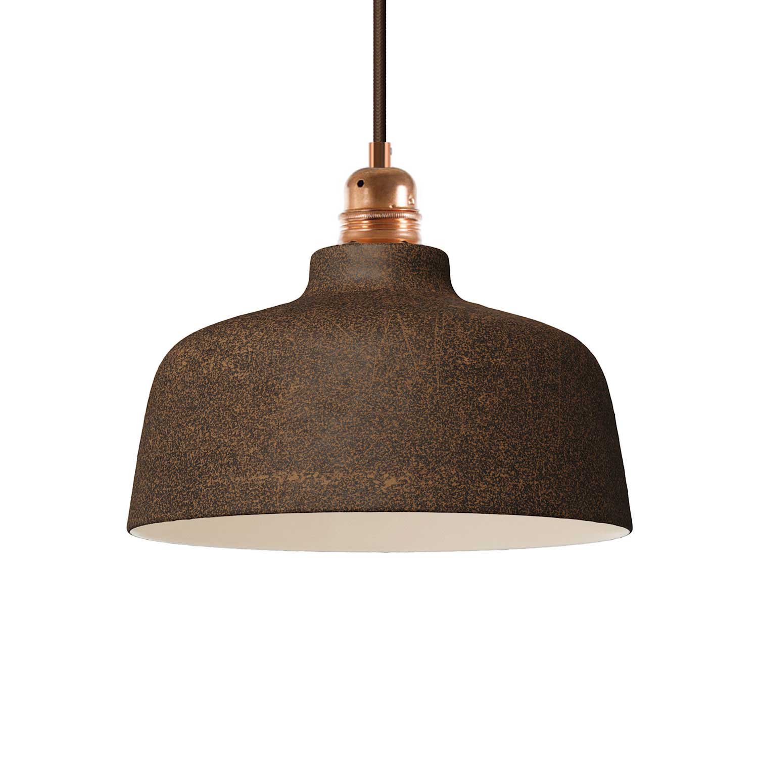 Lampada a sospensione completa di cavo tessile, paralume Coppa in ceramica e finiture in metallo - Effetto corten