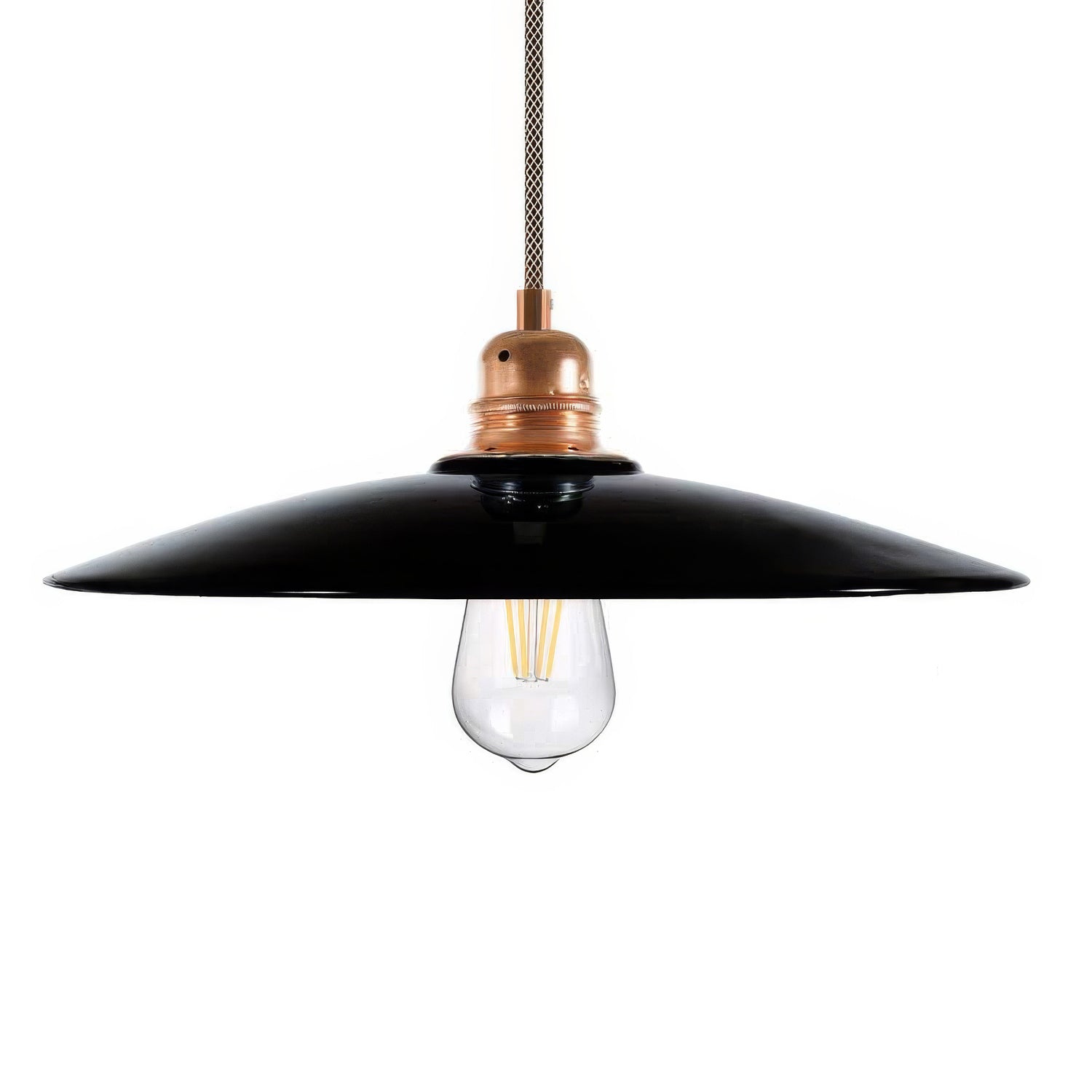 Lampada a sospensione completa di cavo tessile, paralume in ceramica Piatto e finiture in metallo - Nero