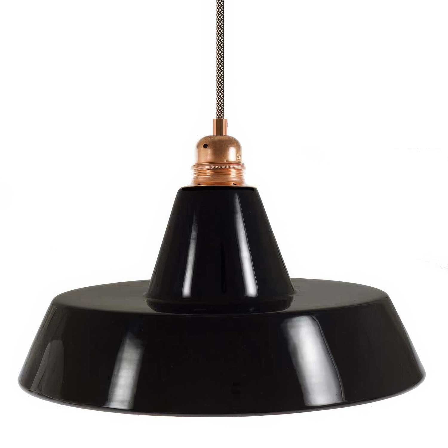 Lampada a sospensione completa di cavo tessile, paralume in ceramica Industriale e finiture in metallo - Nero