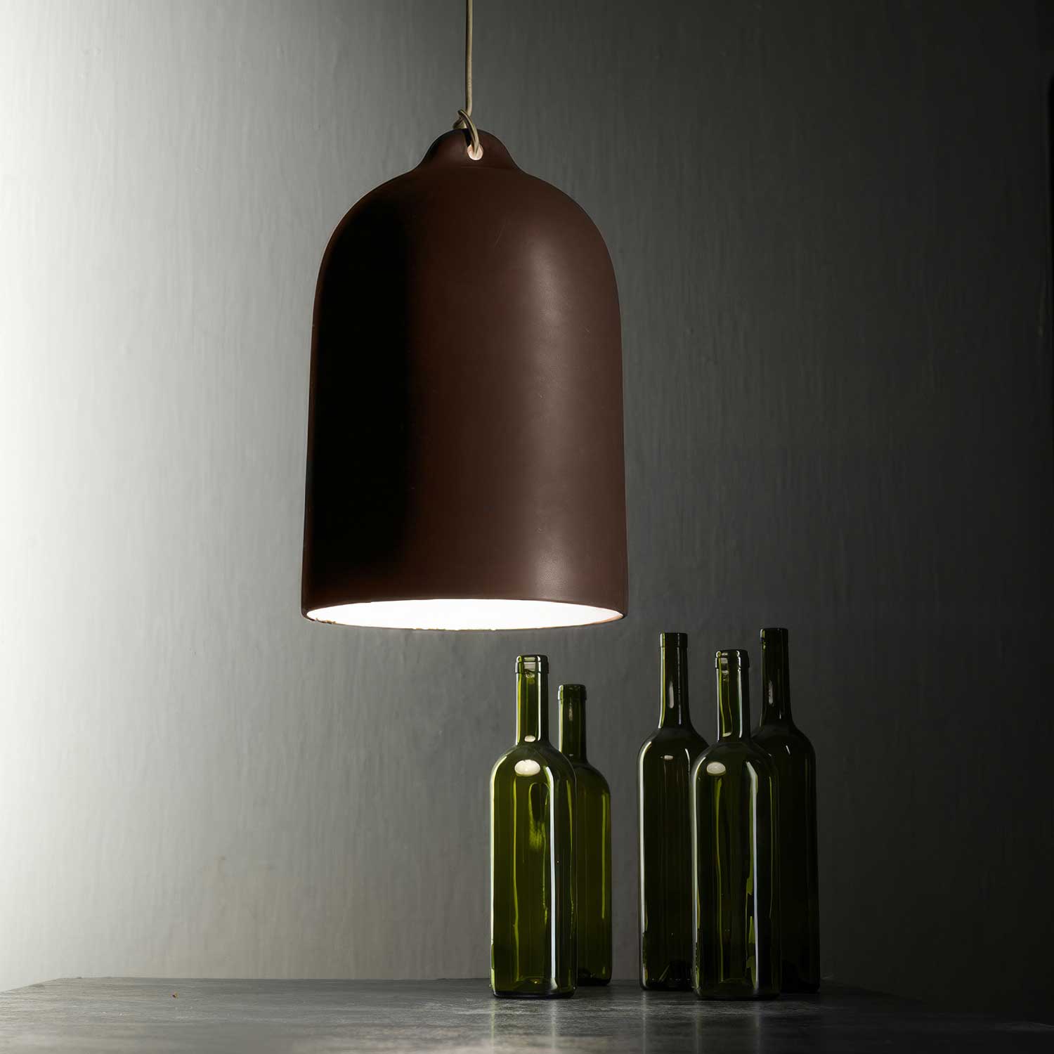 Lampada a sospensione completa di cavo tessile e paralume Campana XL in ceramica - Effetto corten