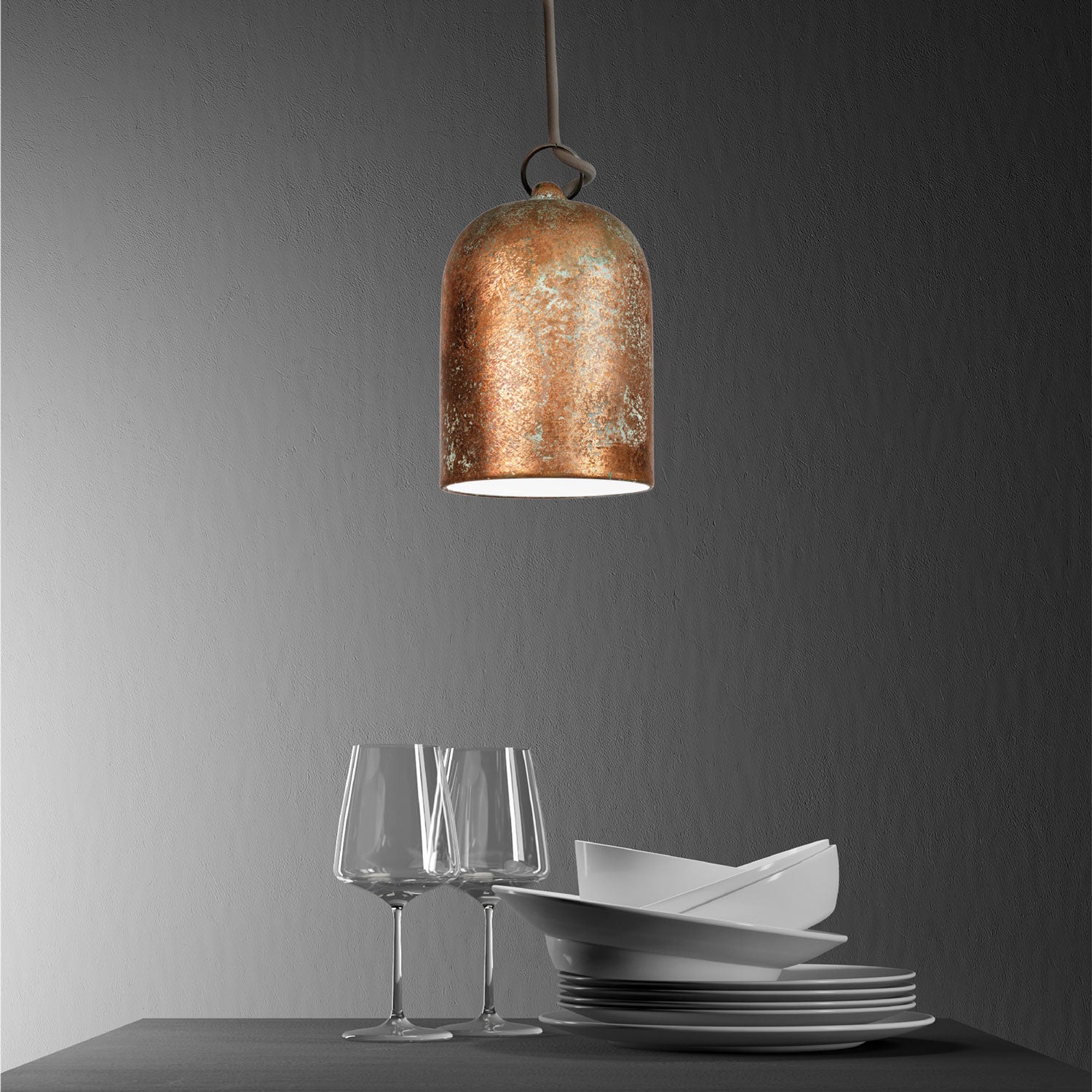 Lampada a sospensione completa di cavo tessile e paralume Mini Campana XS in ceramica - Effetto verde rame
