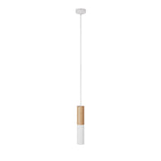 Lampada a sospensione Made in Italy completa di cavo tessile e doppio paralume Tub-E14 in legno e metallo - Bianco opaco