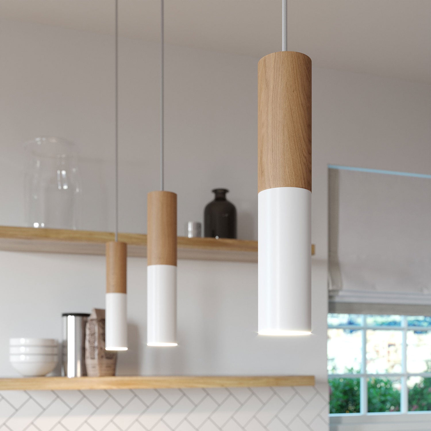 Lampada a sospensione completa di cavo tessile e doppio paralume Tub-E14 in legno e metallo - Bianco opaco