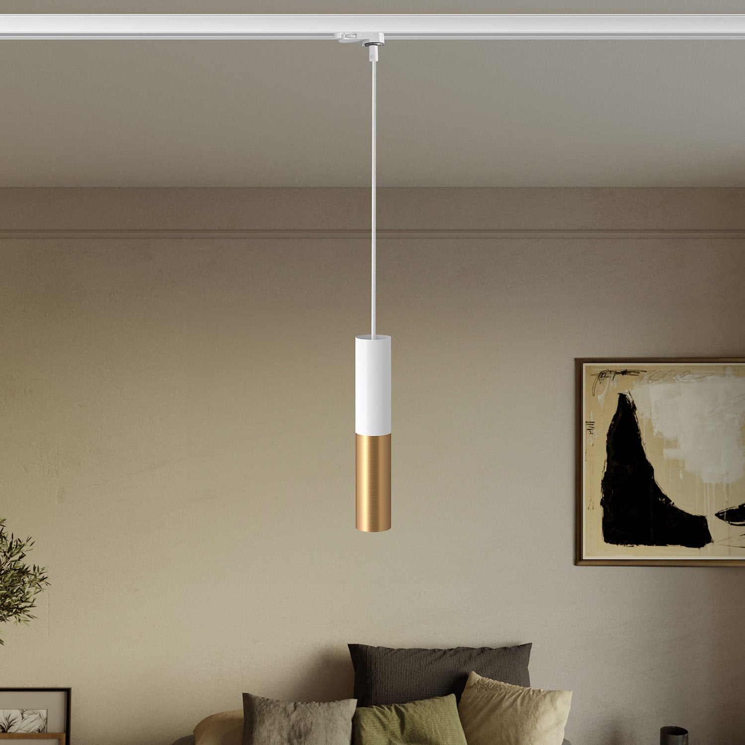 Lampada a sospensione per binari con doppio paralume Tub-E14  - Bianco e Bronzo satinato