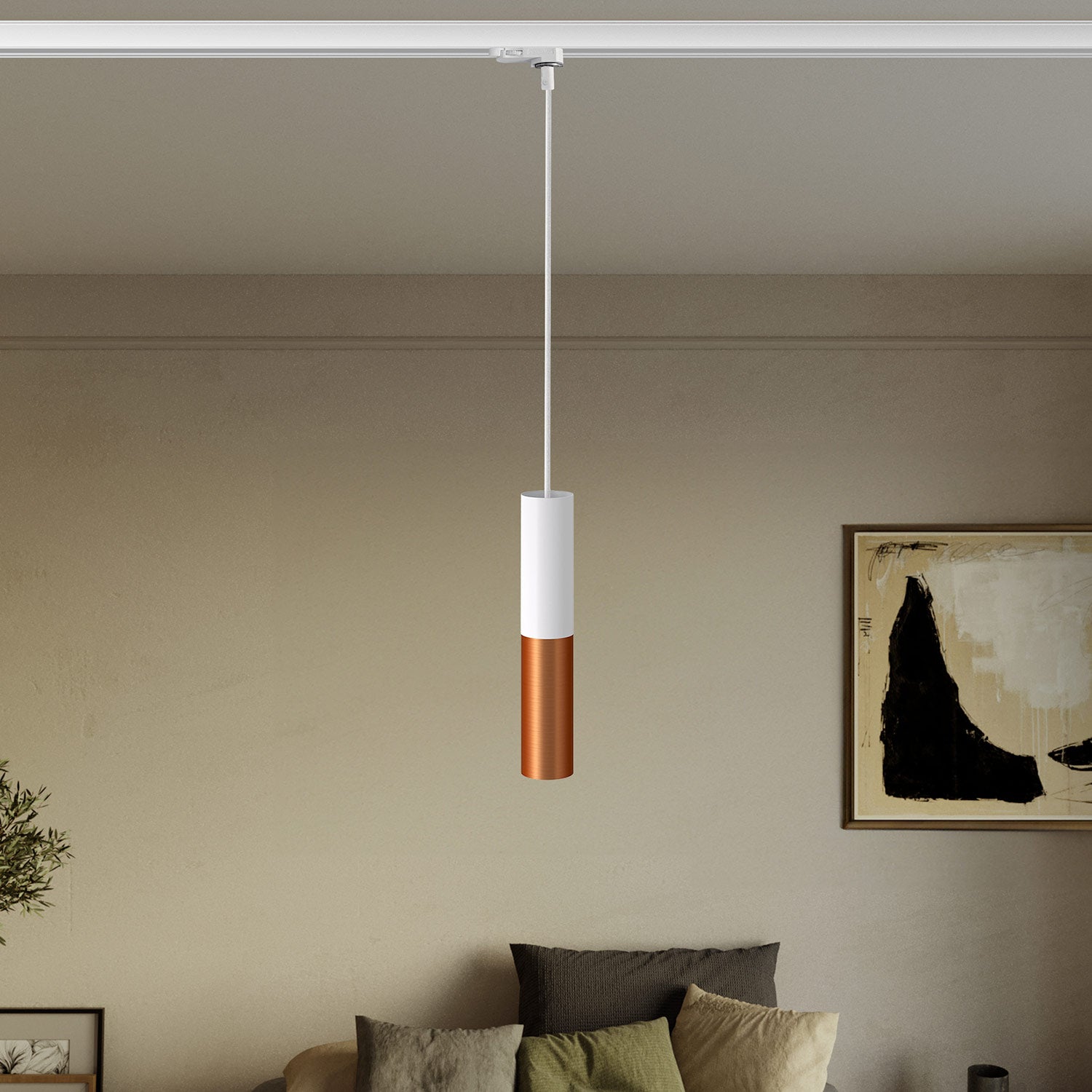 Lampada a sospensione per binari con doppio paralume Tub-E14  - Bianco e Rame satinato