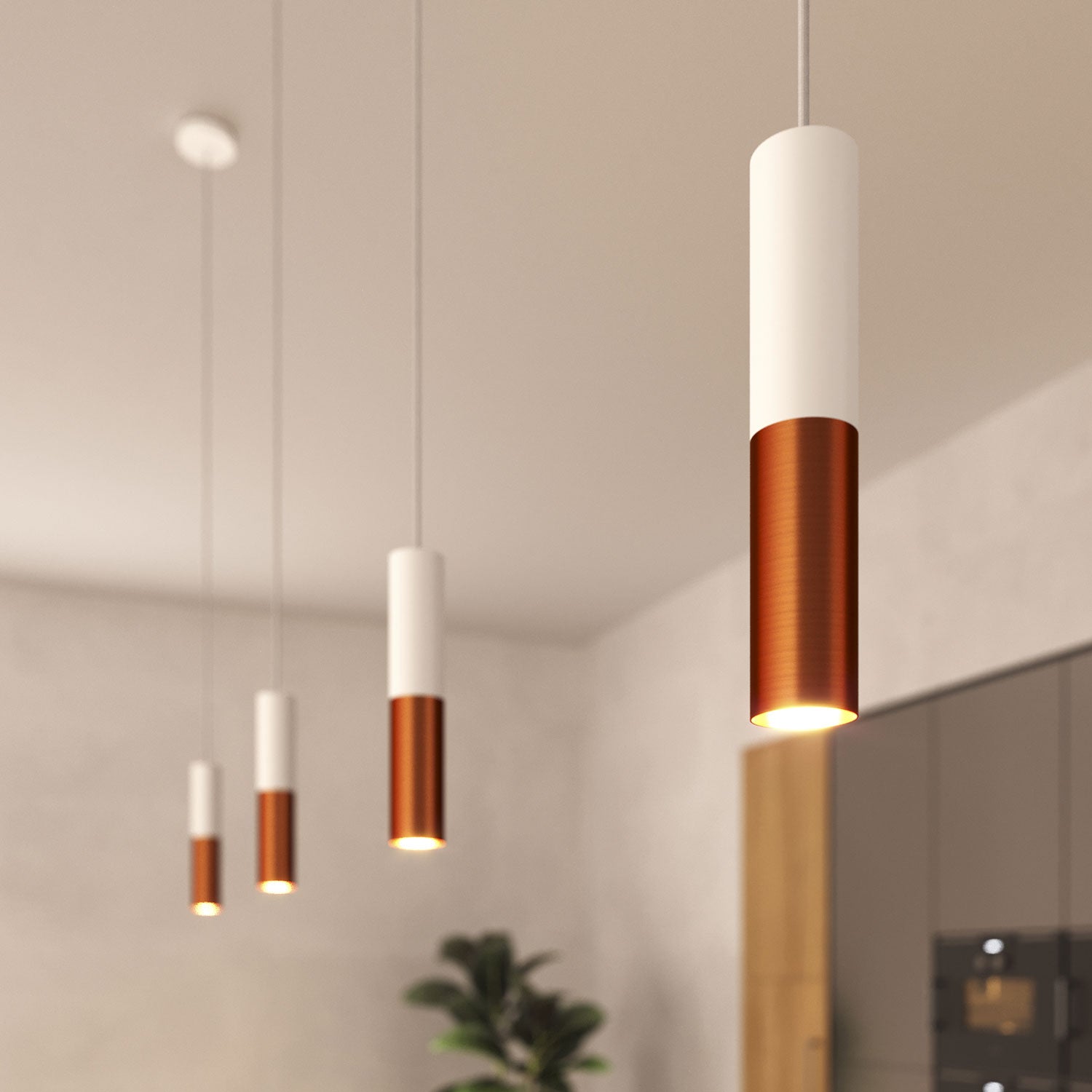 Lampada a sospensione completa di cavo tessile e doppio paralume Tub-E14 - Bianco opaco e Rame satinato