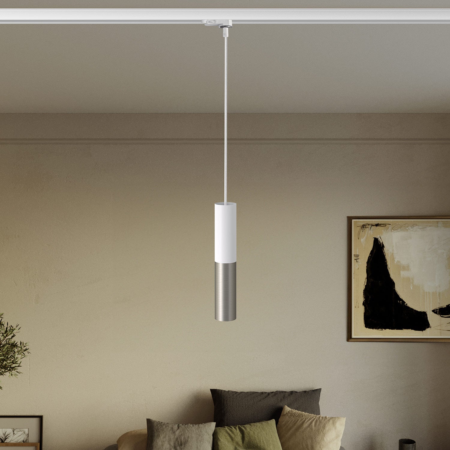 Lampada a sospensione per binari con doppio paralume Tub-E14  - Bianco e Titanio satinato