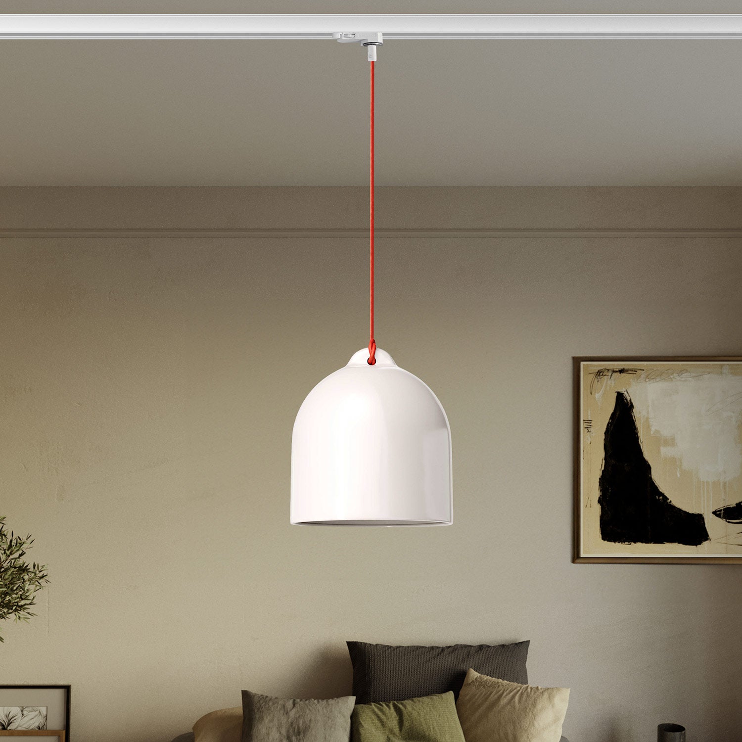 Sospensione per binari con paralume Campana M in ceramica - Bianco lucido
