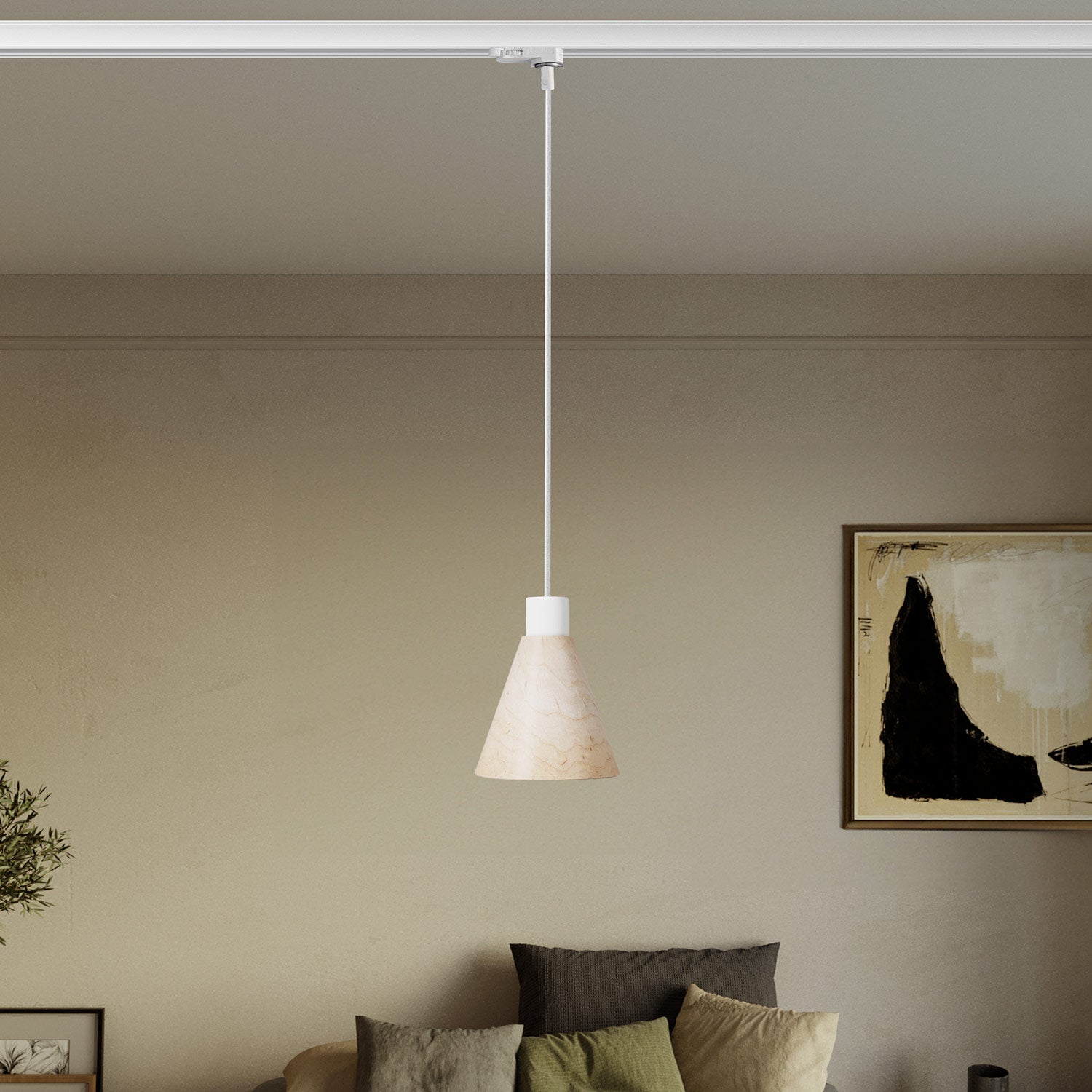 Lampada a sospensione per binari con paralume conico in legno - Bianco