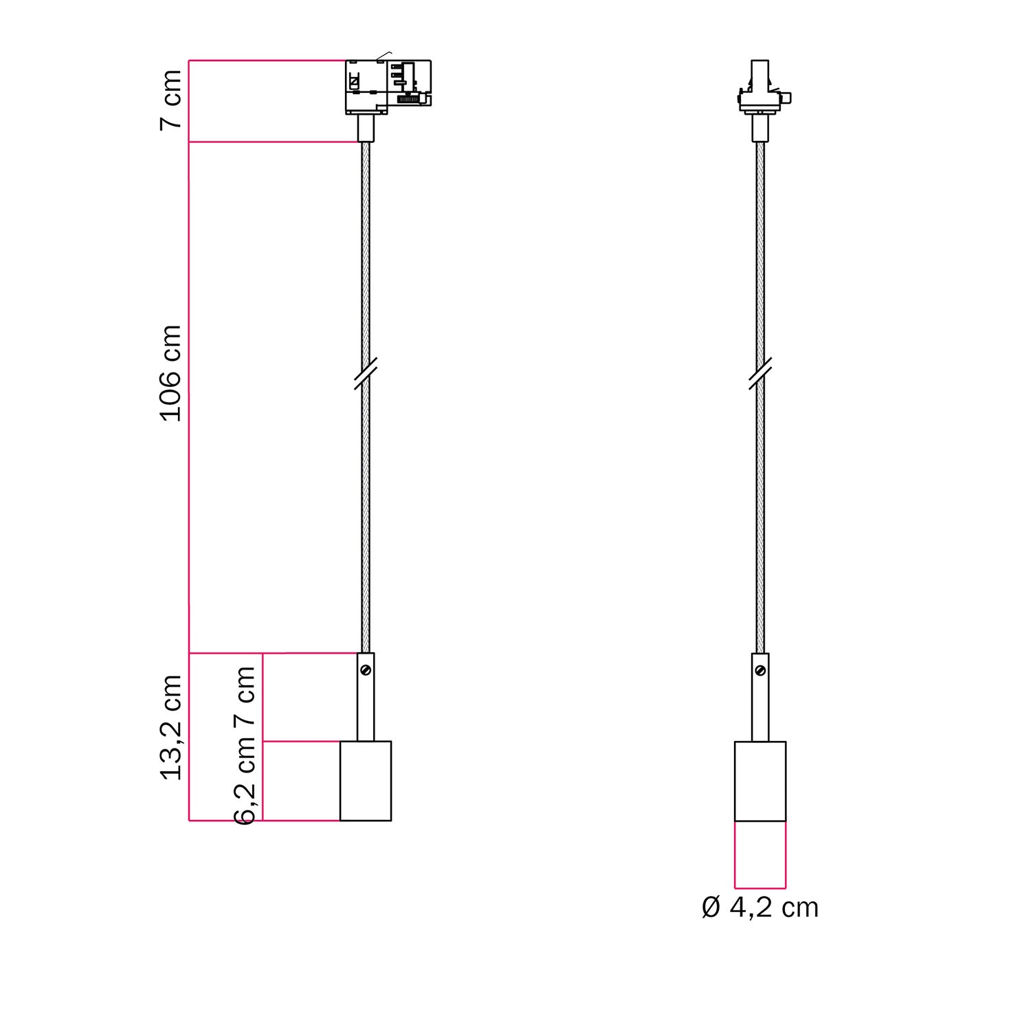 Lampada a sospensione per binario con serracavo da 7cm  - Bianco