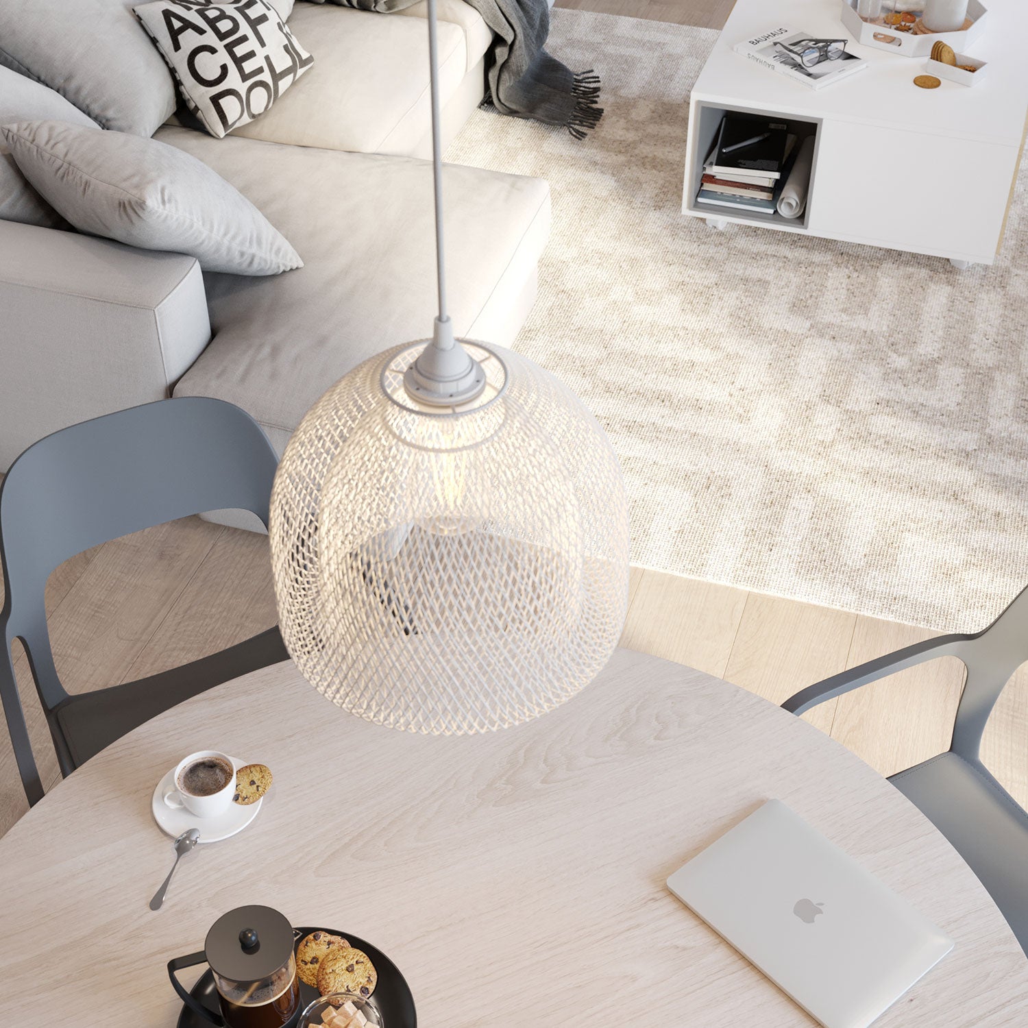 Lampada a sospensione completa di cavo tessile, paralume gabbia Ghostbell XL e finiture in metallo - Bianco